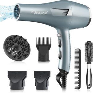 Ionic Salon Hair Dryer, Professional Blow Dryer AC Motor Fast Drying with 2 Speed, 3 Heat Setting, Cool Button, with Diffuser, Nozzle, Concentrator Comb for Curly & Straight Hair-Blue