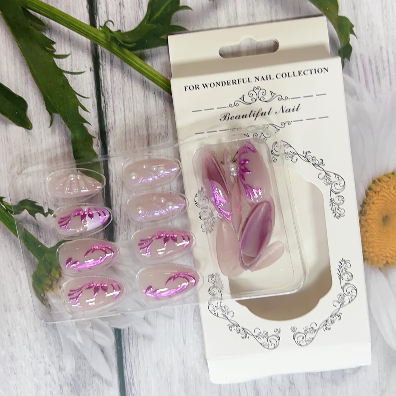 3D Press-on Nails - Handmade, Charms, Flower, Pearl, Pink, French, Acrylic, Almond Shape, Very Cute, Medium Stick-on Nails for Women, 24pcs - Image 6
