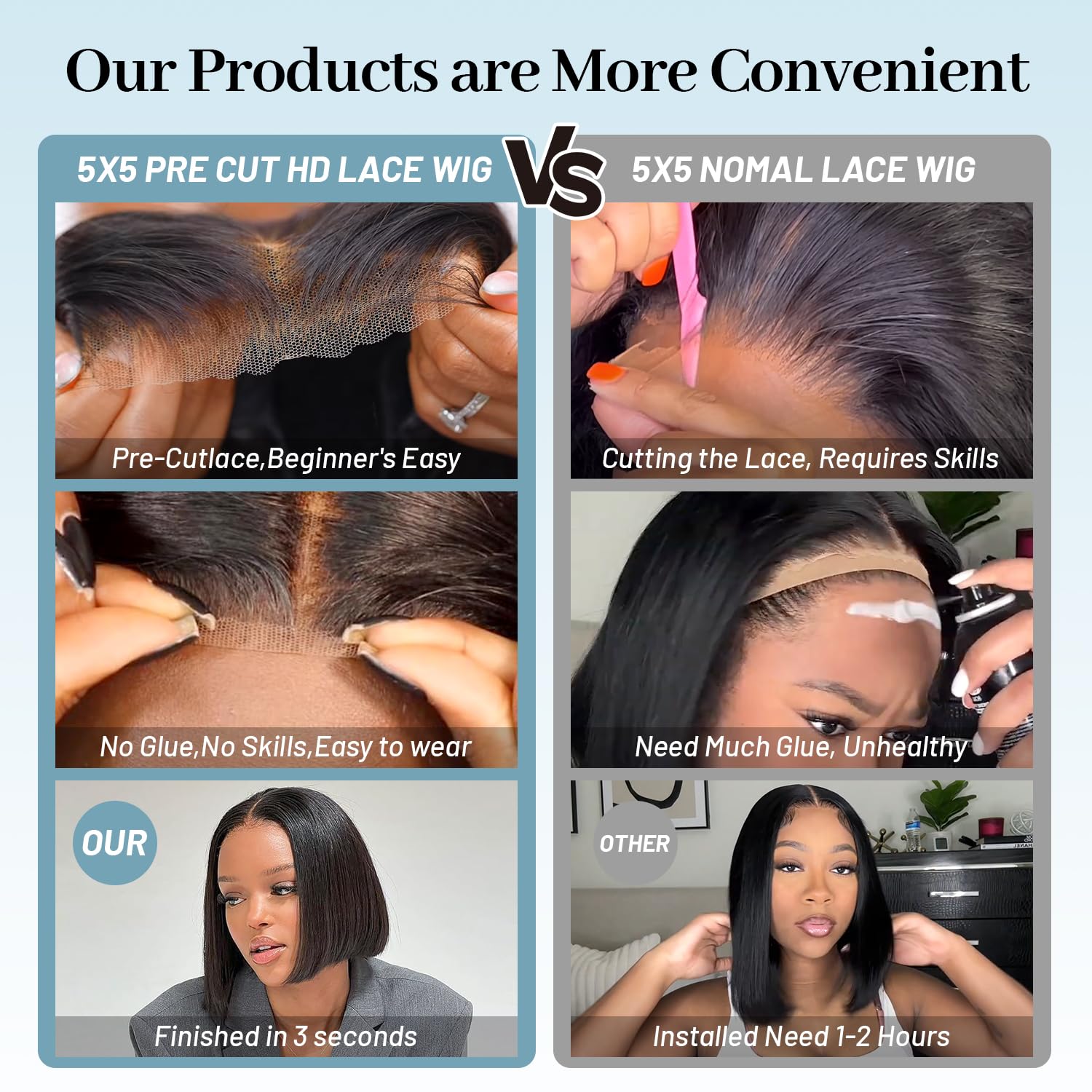 Wear and Go Glueless Bob Wig Human Hair Pre Plucked Pre Cut 180% Density 5x5 HD Transparent Lace Front Wigs Human Hair for Black Women Short Straight Bob Wigs No Glue Lace Closure Wigs 10 Inch - Image 4