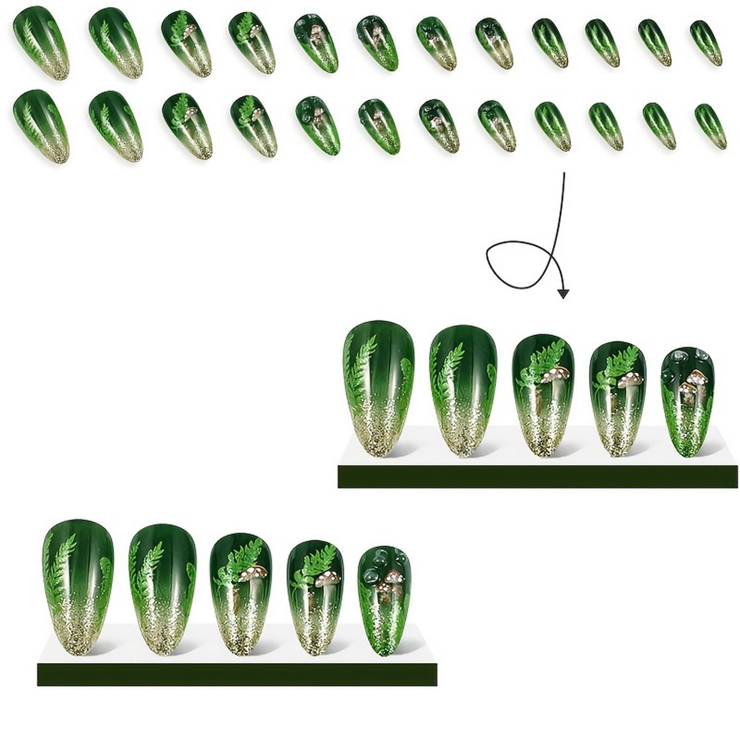 Green Glitter Press on Nails Medium Almond Shaped False Nails with Mushroom and Leaf Designs Gradient Fake Nails Full Cover Spring Acrylic Nails Stick on Nails for Women Nail Art Manicure 24 Pcs - Image 3