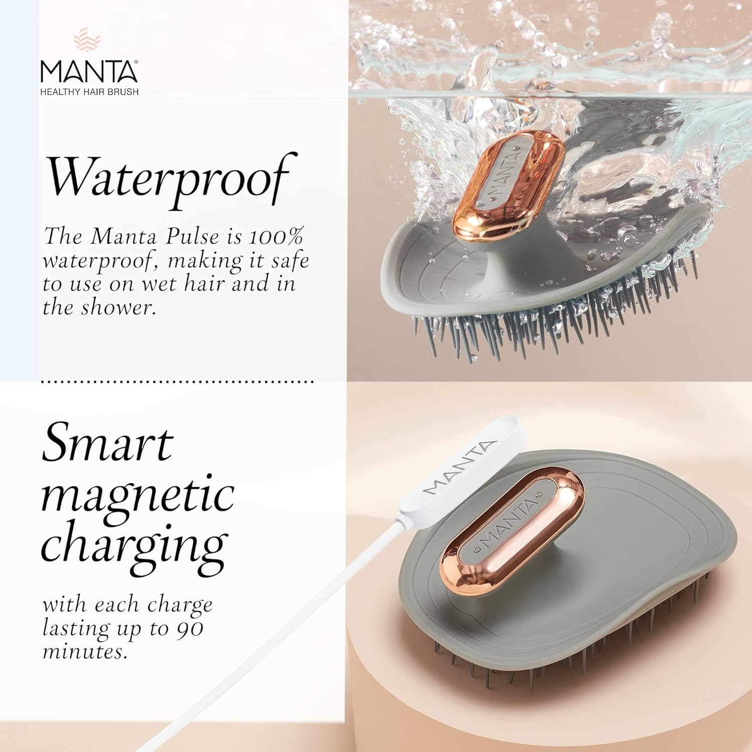 MANTA Pulse Electric Scalp Massage Brush โ Wet Exfoliating Scalp Massager, Shampoo Brush for Hair Growth with Shower Holder, Grey - Image 7