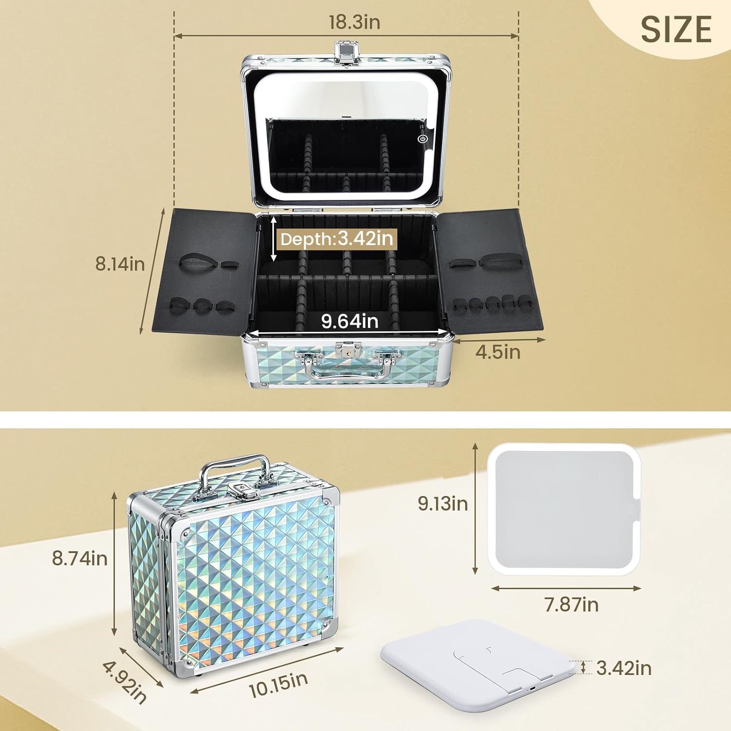 Makeup Case with Magnetic LED Mirror Travel Cosmetic Organizer Portable Makeup Box with Lighted Up Mirror Make Up Vanity Nail Box Lipstick Artist Storage with Lockable Dividers Brush Holder Shiny Blue - Image 7