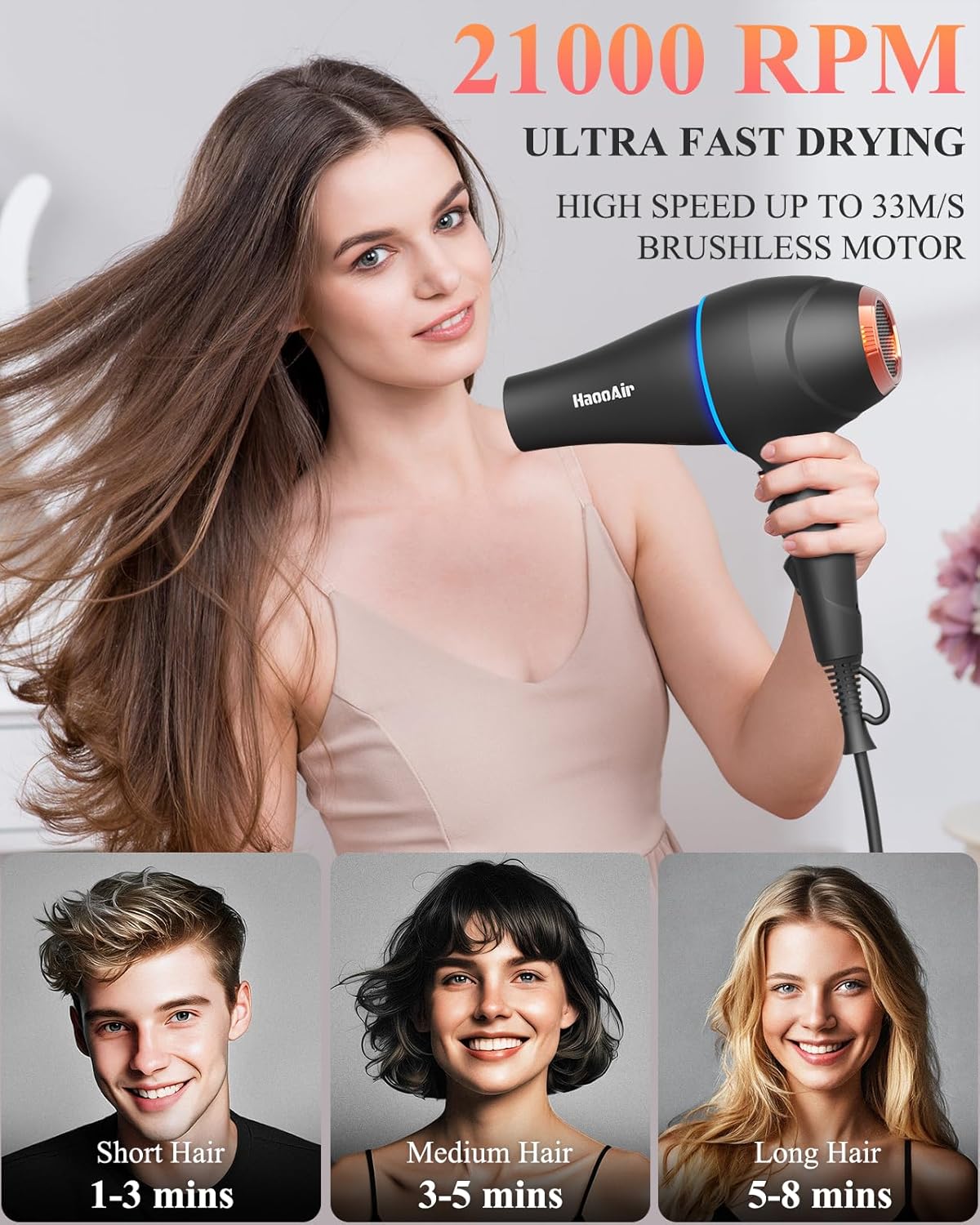 Hair Dryer with Diffuser, Professional Ionic Hair Dryer with Blue Light AC Motor, 2000W Fast Drying Hair Blow Dryer Low Noise Care Hairdryer for Women (Black with 2*Nozzle+Diffuser) - Image 5