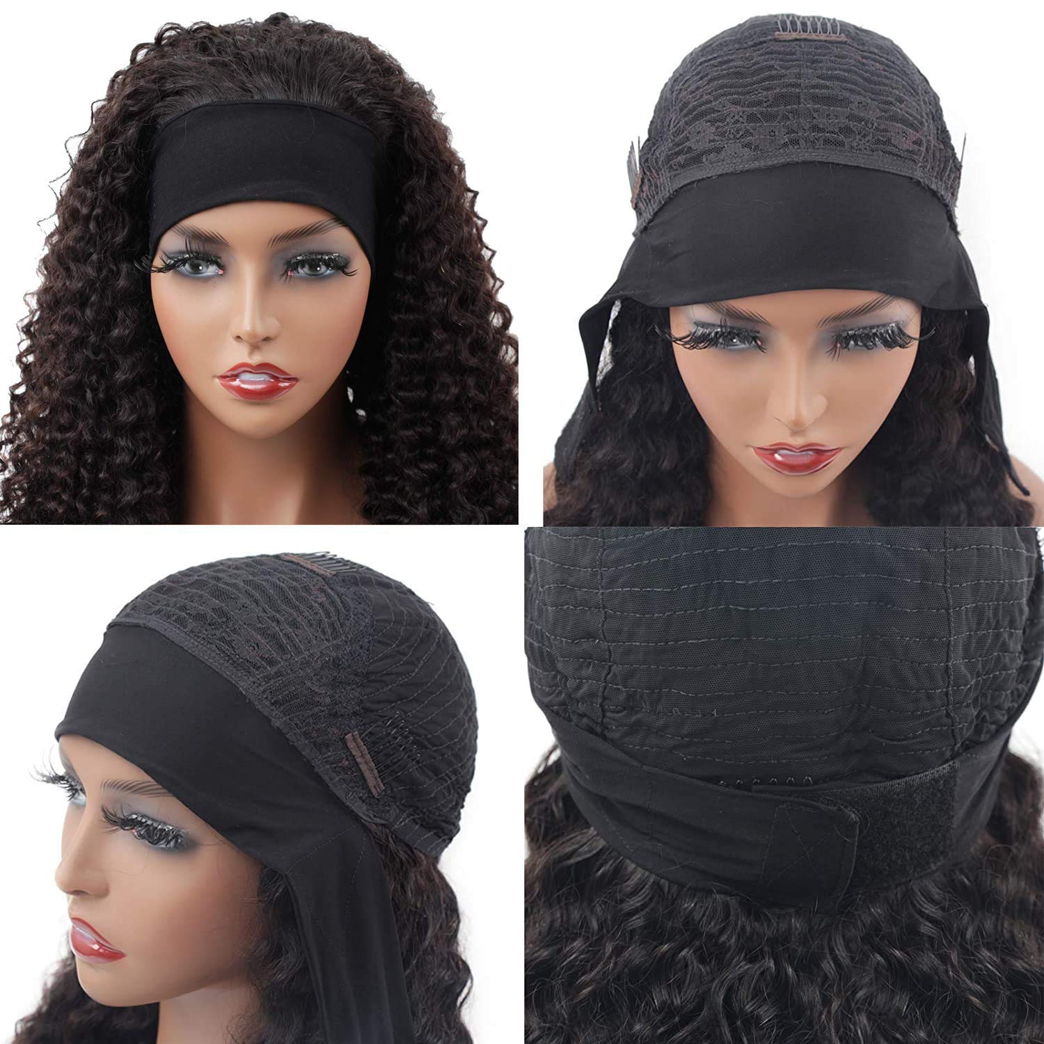 XSY Headband Wig Human Hair Deep Wave 16 Inch Curly Headband Wigs Glueless None Lace Front Wigs for Black Women Deep Curly Headband Half Wigs 150% Density Natural Color - Image 4