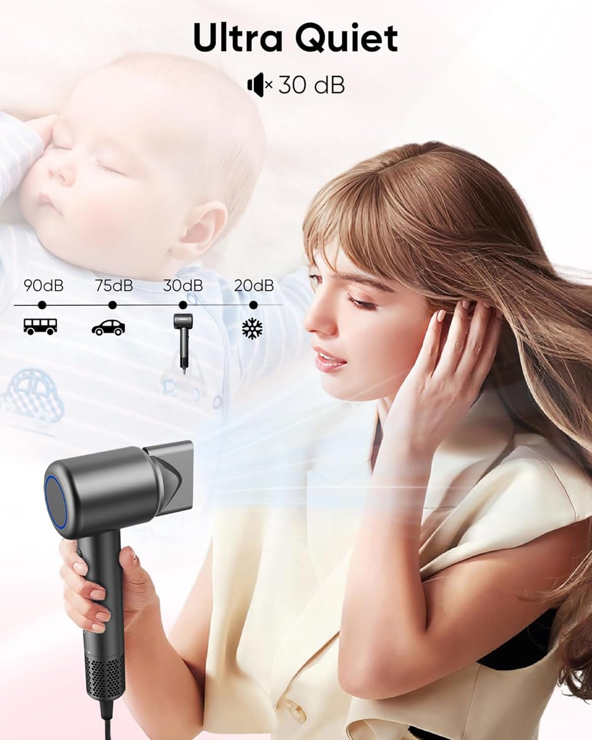 Hair Dryer, High-Speed Ionic Low Noise Blow Dryer with Brushless Motor for Fast Drying, Thermo-Control Quiet Compact Hair Blow Dryer with Magnetic Diffuser for Curly Hair for Home Travel Salon - Image 4