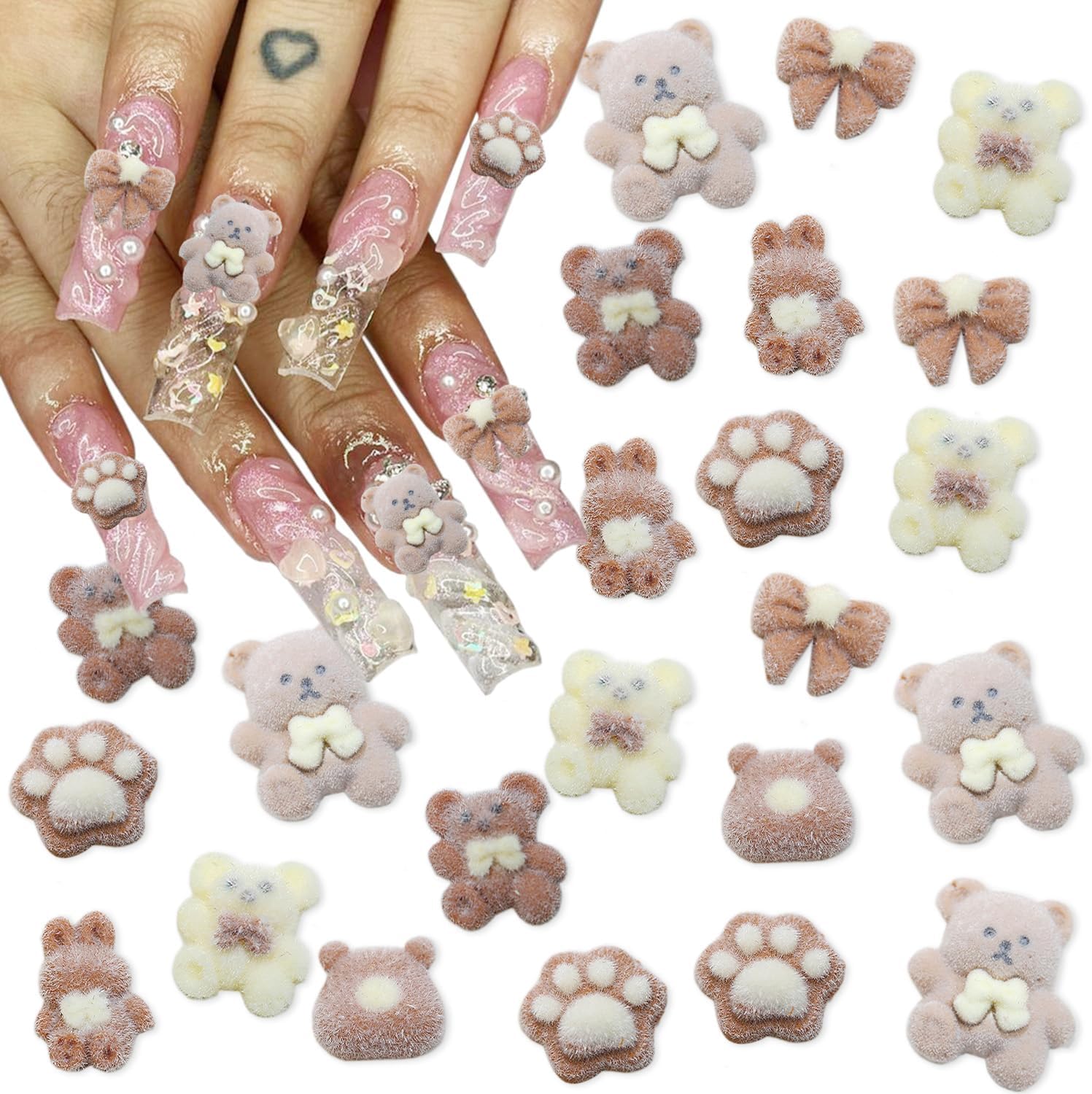 14Pcs Bear Nail Charms 3D Cute Nail Charms Coffee Color Nail Nail Rhinestone Nail Gems Shiny Crystal Rabbit Bow Designs Nails Jewelry for Nail Art Supplies for Women Girls Acrylic Nails Decorations