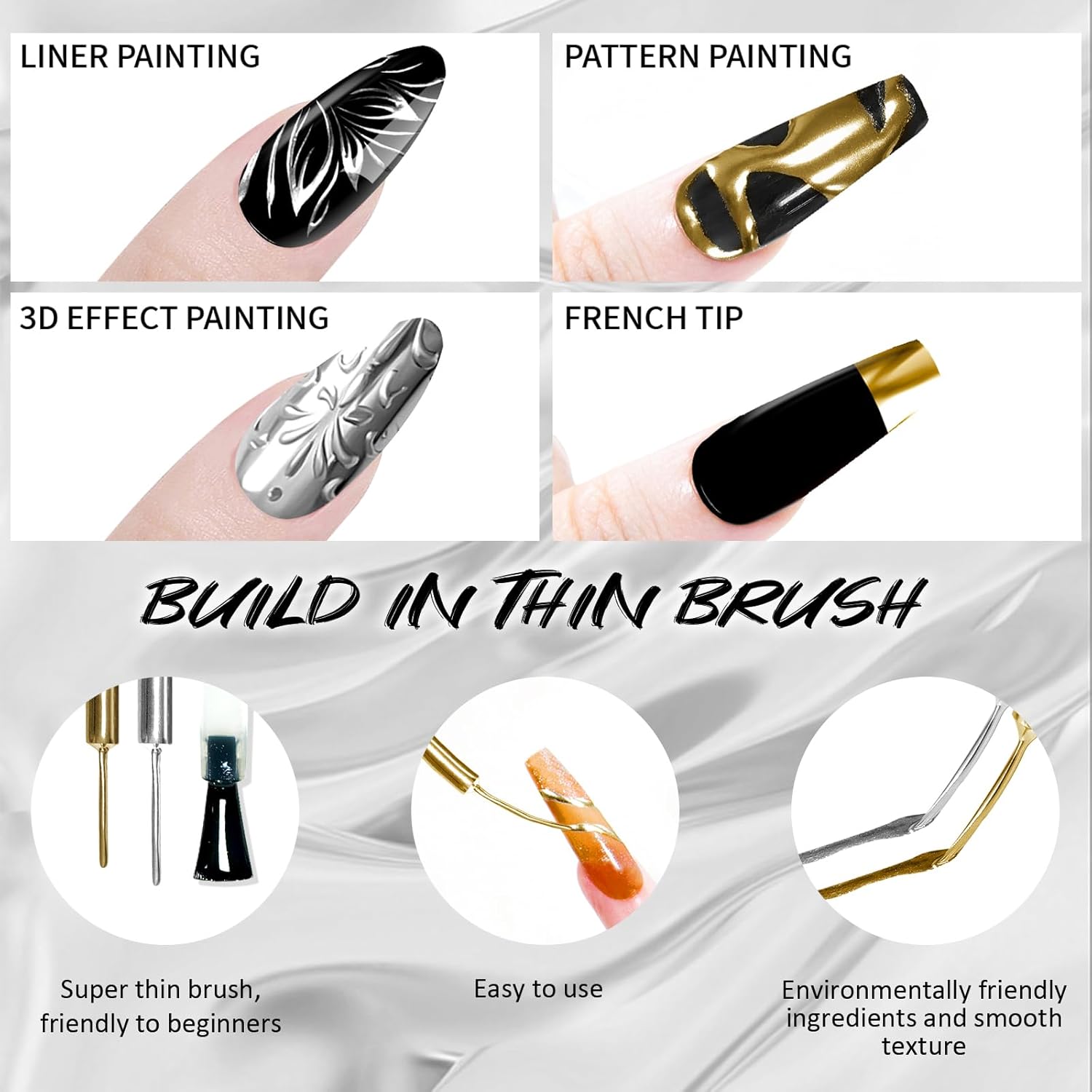 2x12ml Metallic Mirror Nail Polish, Ultra Mirror Silver & Gold Metal Painted Drawing with Thin Brush, Chrome Gel Polish Nail Art Gel Liner Soak Off DIY - Image 4