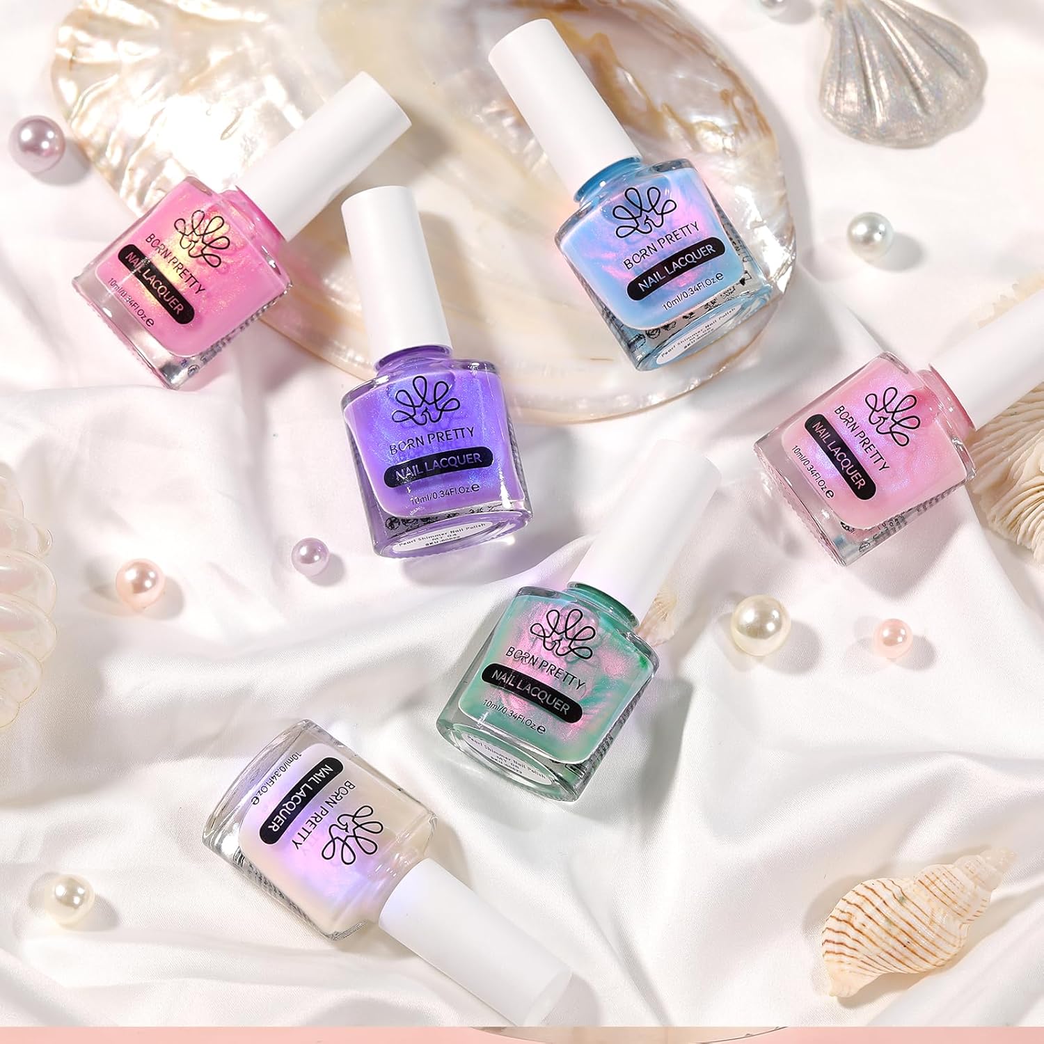 Born Pretty Pearl Nail Polish Set, 6 Colors Ombre Pearl Shimmer White Pink Purple Mermaid Nail Polish Quick Dry Spring Summer Finger 10ml 0.34oz Shell Glitter Nail Lacquer Set - Image 9