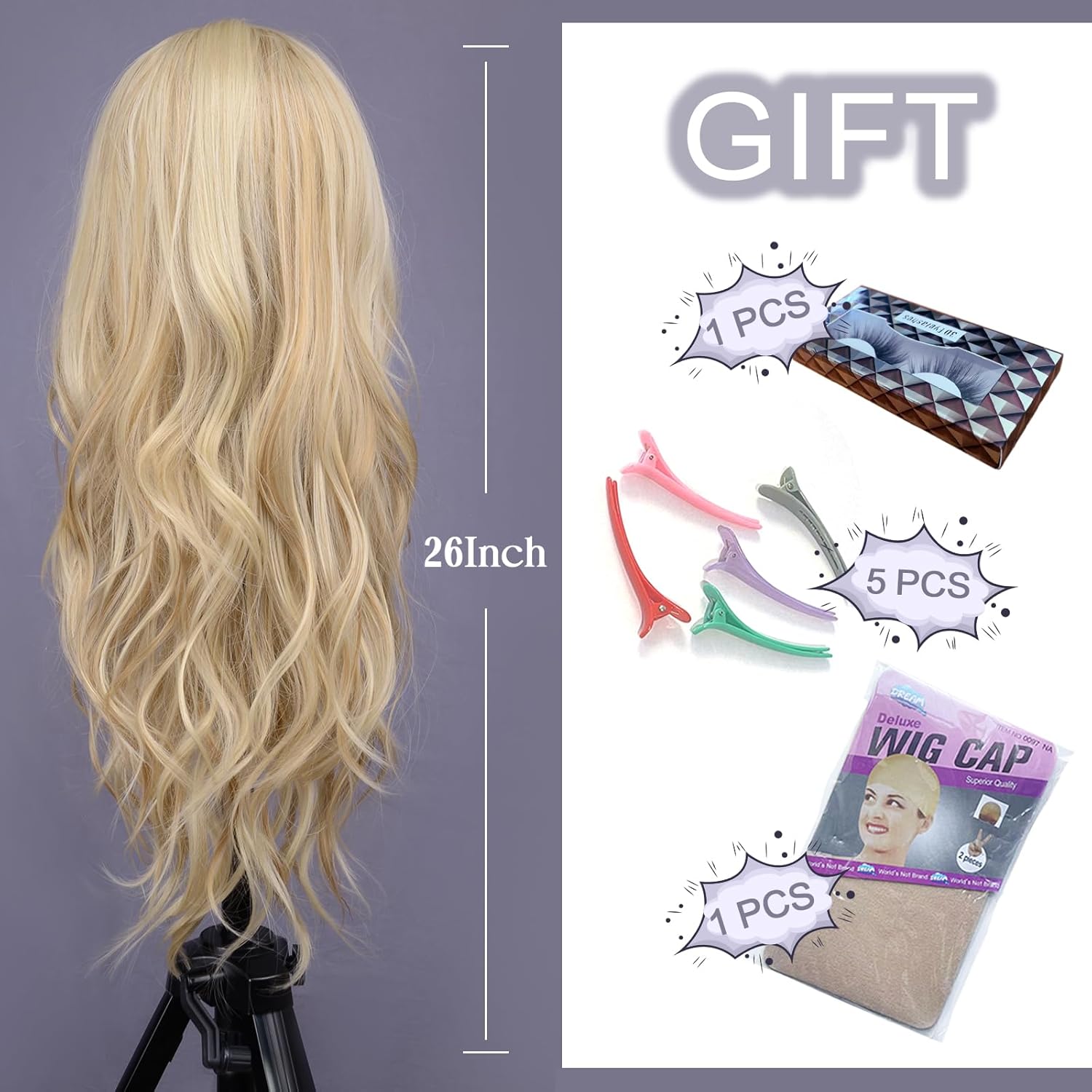 Mixed Blonde Long Wave Wig for Women -26inch Middle Part Long Curly Wig Heat Resistant Synthetic Hair Looking Natural, Fiber Wig for Daily Party Use - Image 8
