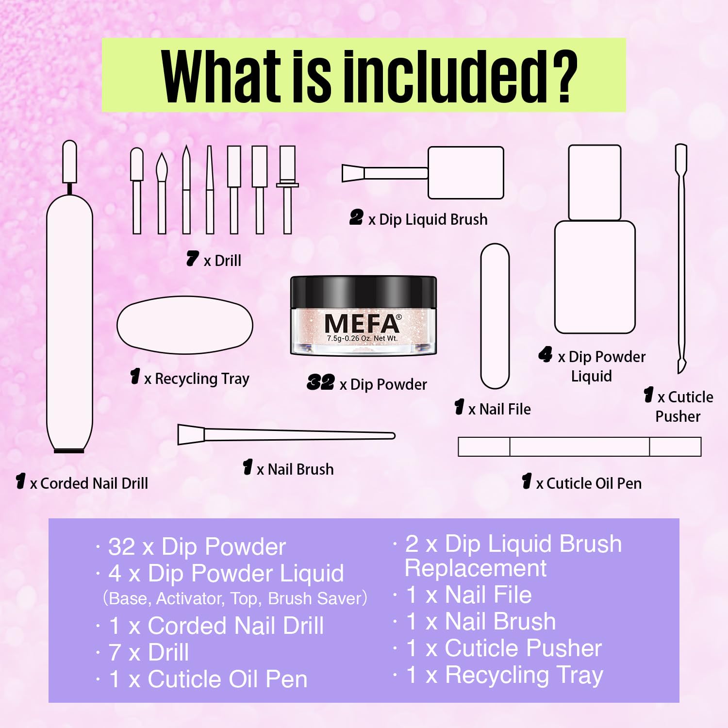 MEFA Dip Powder Nail Kit with Portable Electric Nail Drill, Summer Glitter Shimmery Hot Pink Pastel Violet Neon Orange 32 Colors Dipping Powder Liquid Set Bright Shades French Nail Art Manicure Salon - Image 8