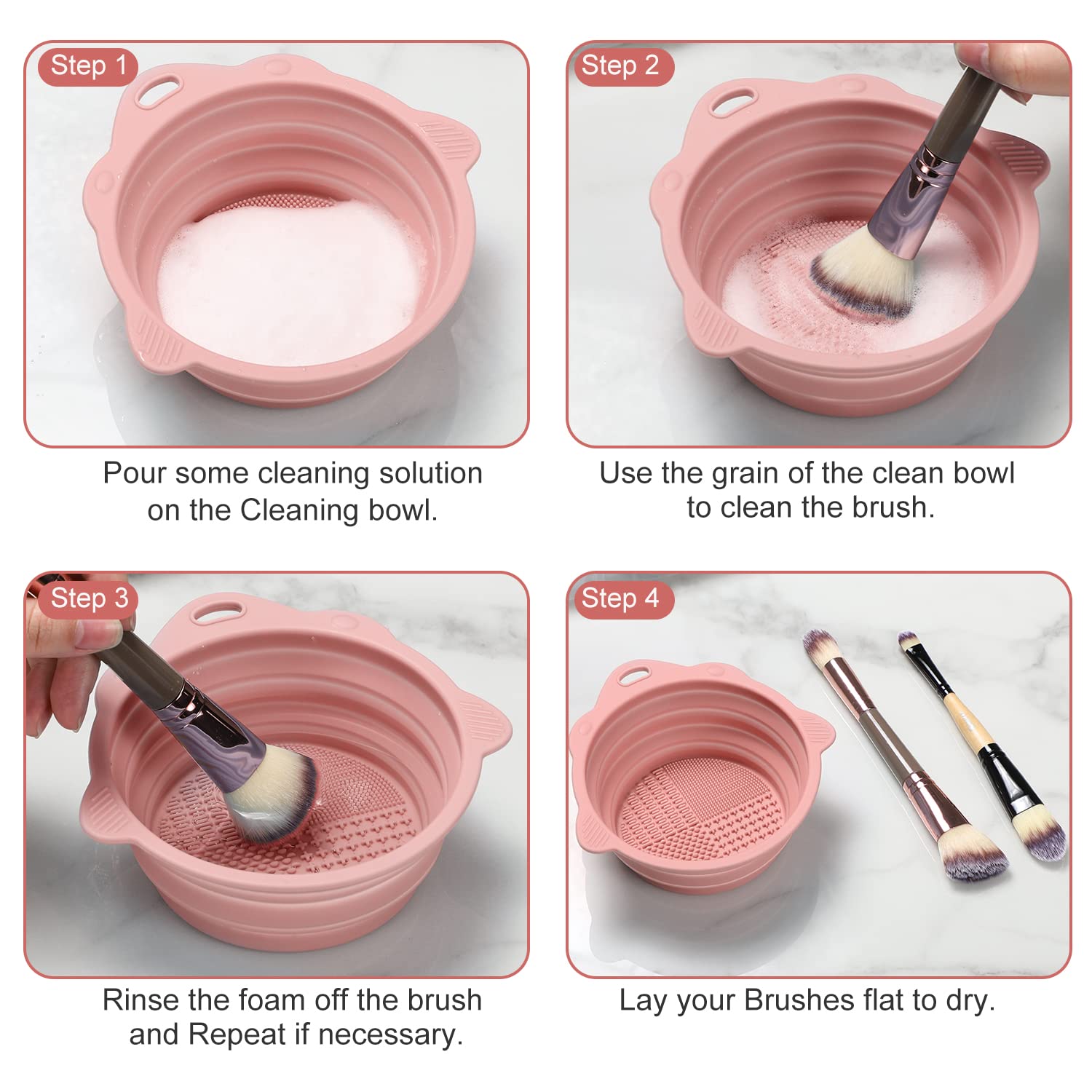 Foldable Silicone Makeup Brush Cleaner Bowl - Etercycle Portable Cleaning Tool for Brushes, Powder Puffs, and Sponges (Pink) - Image 6