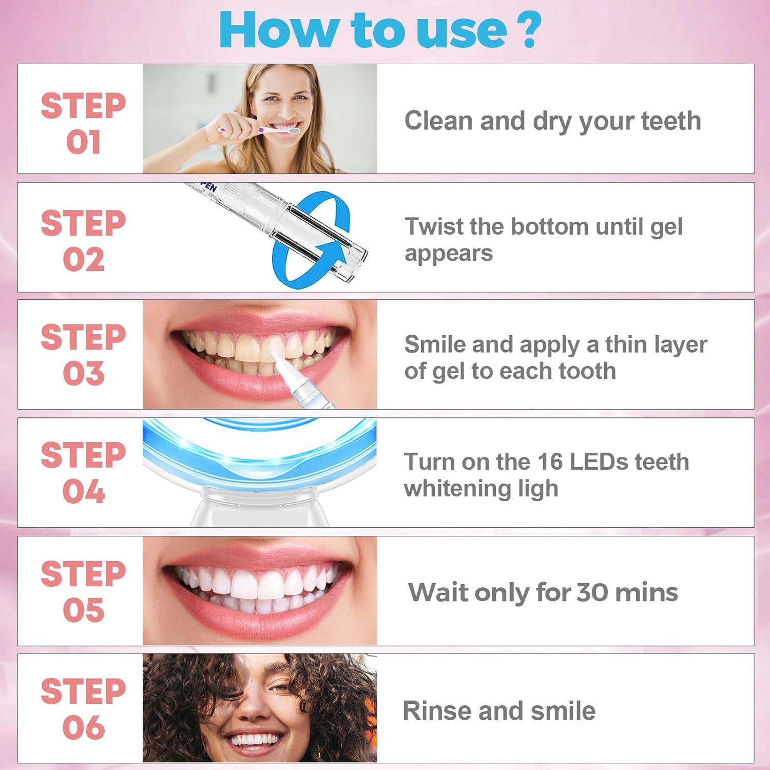 Teeth Whitening Kit for Sensitive Teeth - 16 LED Light - 30 Min Professional Non-Sensitive Fast Teeth Whitener with 3 Carbamide Peroxide Whitening Gel and Shade Guide - White - Image 6