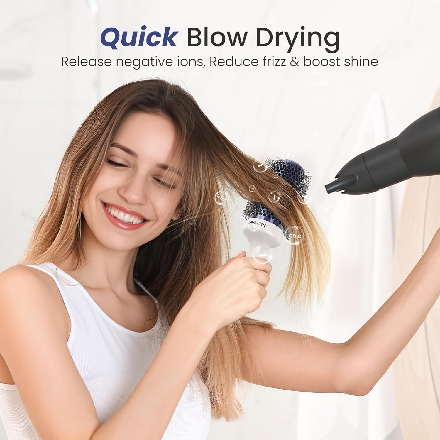 AIMIKE Nano Ionic Tech Large Round Brush, Ceramic Brush for Blow Drying, Styling and Boosting Volume, Natural Wood Handle - 2 Inch/52mm - Image 3