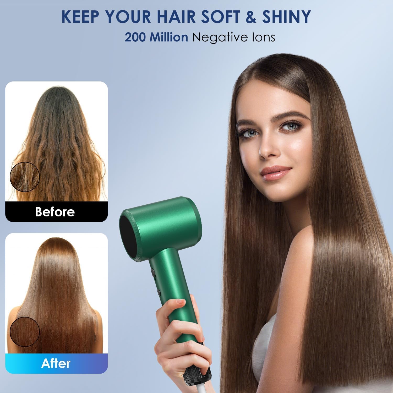 Professional Hair Dryer - 150000 RPM High-Speed, Negative Ionic for Fast Drying and Hair Care. Low Noise, 4 Temps/2 Speeds, Lightweight with Magnetic Nozzle. (Green) - Image 3