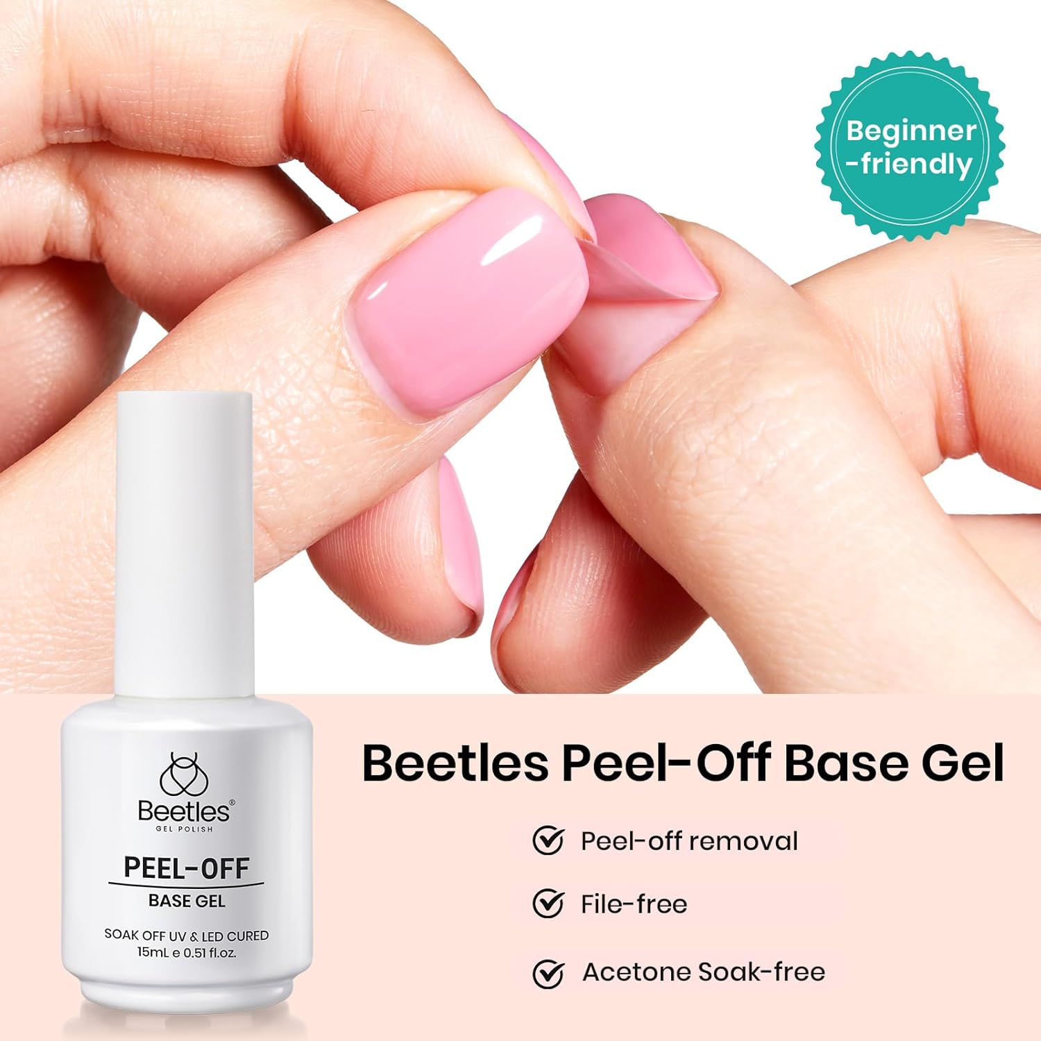 Beetles Peel Off Base Coat for Gel Nail Polish, 15ml Peel off Gel Base Coat Easy Removal, UV LED Lamp Peel off Nail Polish without Damage, Long Lasting Peelable Base for Beginners Weak Thin Nails - Image 2