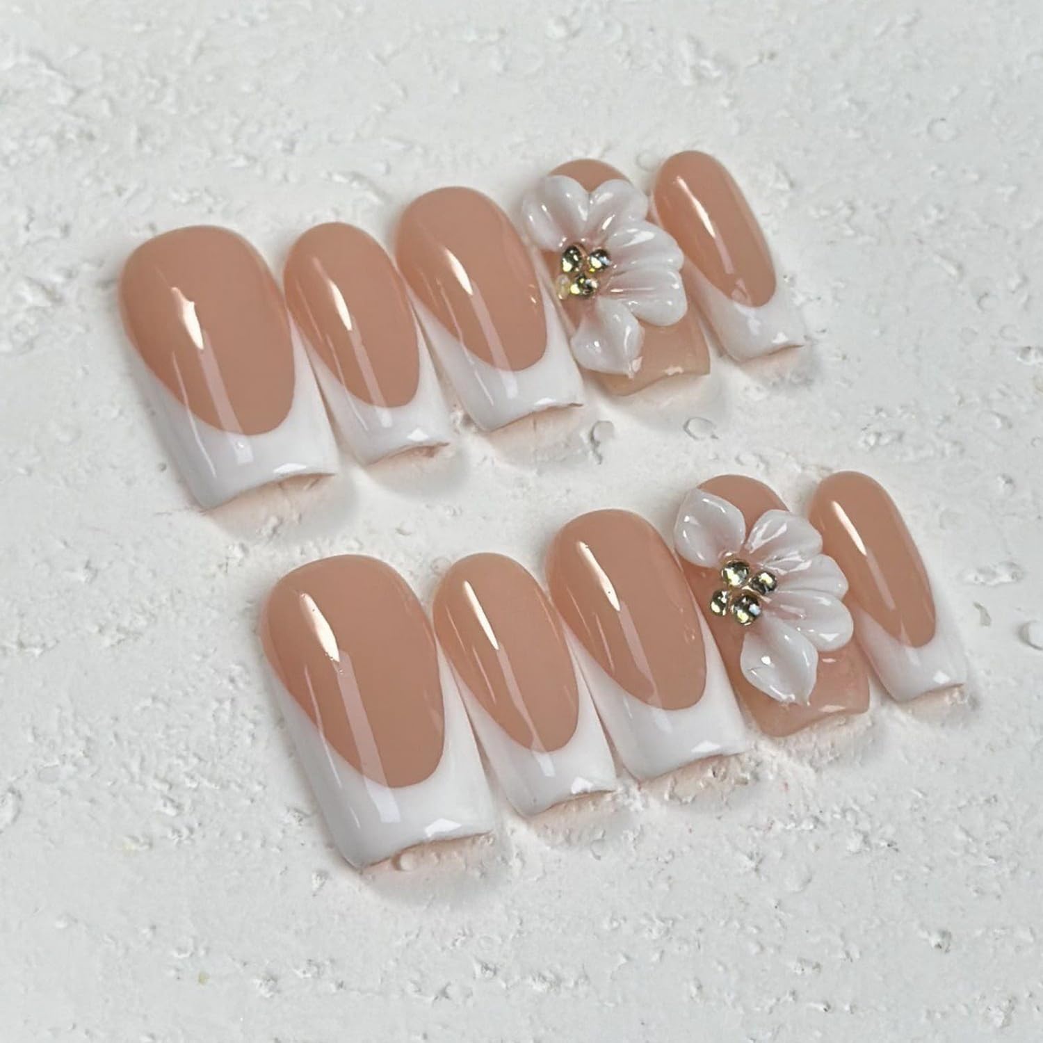 White French Tip Handmade Press on Nails Medium Square Fake Nails Muti-Layer Gel False Nails with 3D Flower Rhinestones Designs Thick Acrylic Nails Full Cover Stick on Nail for Women Nail DIY (Size M) - Image 3
