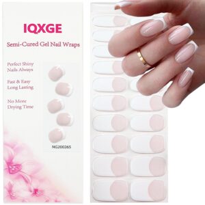 Semi Cured Gel Nail Strips, Long Lasting Gel Nail Stickers with UV Light Needed, 20 Waterproof Full Wraps for Women with 1 File, 1 Wood Stick&2 Prep Pad-White French