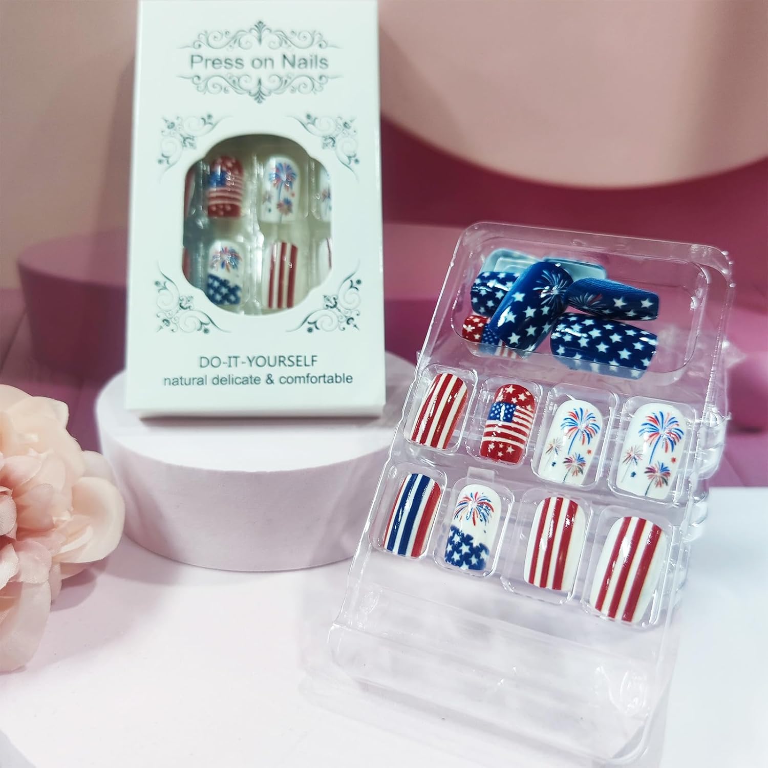 24Pcs 4th of July Press on Nails Glossy White Star False Nails Independence Day Gel Glue on Nail Fourth of July Acrylic Medium Square Fake Nail American Flag Stick on Fingernails for Women Girls - Image 3