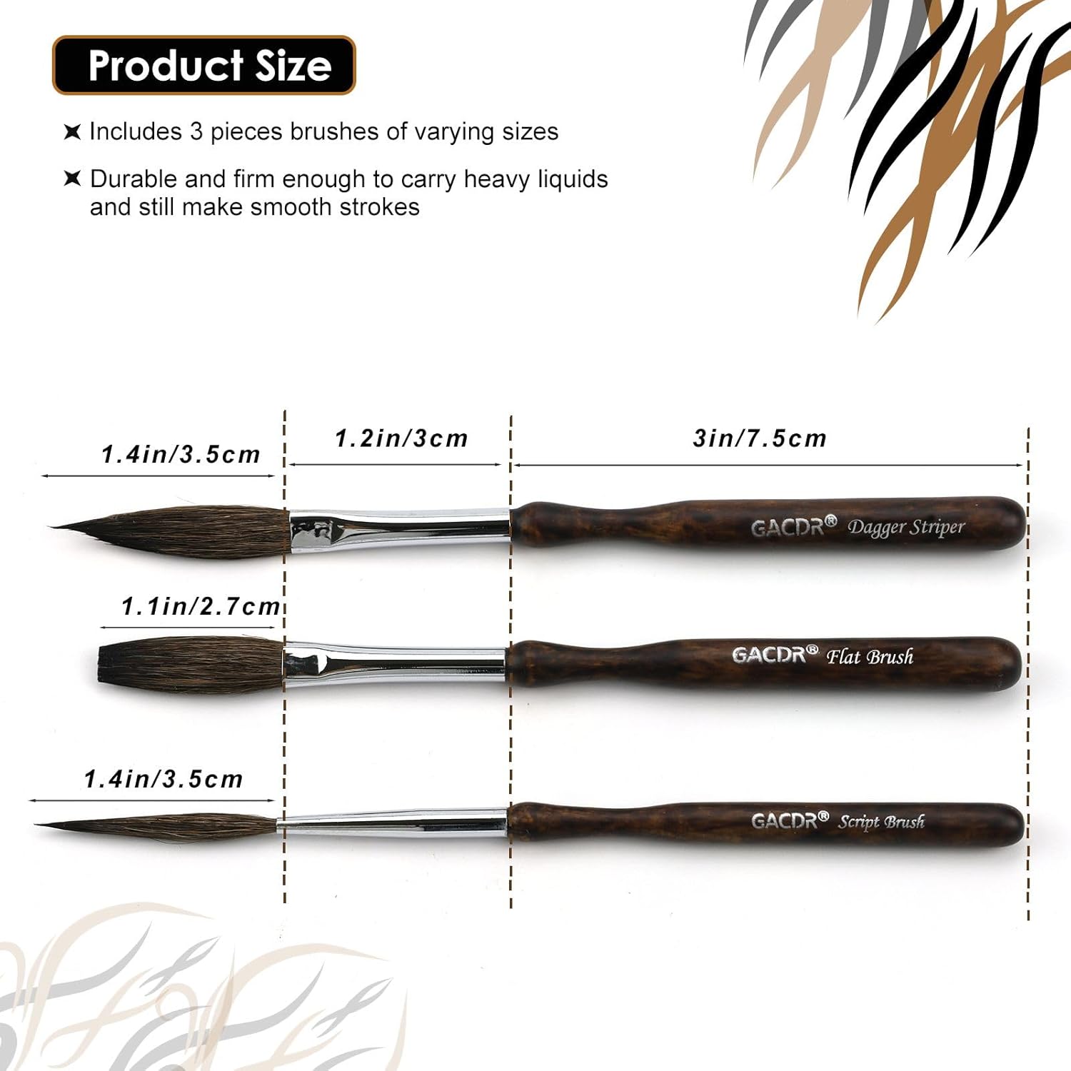 Pinstriping Brush Kit,3 pcs Professional Striping Brushes Long Liner Script Sword Scroll Rigger Brushes - Image 2