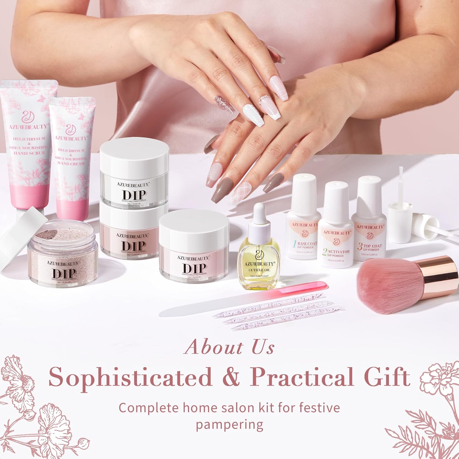 AZUREBEAUTY Dip Powder Nail Kit 28g/1Oz Nude Pink with Nourishing Hand Cream Hand Scrub Cuticle Oil Dipping Liquid Set Top/Base Coat Activator for Holidays Gift Set - Image 8