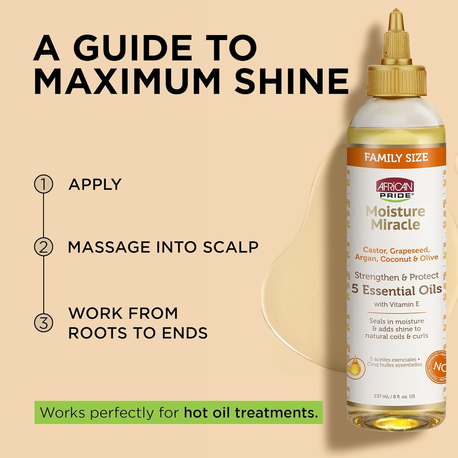 African Pride Moisture Miracle 5 Essential Hair Oils with Vitamin E | Moisture, Shine, Protection, and Growth | Argan, Castor, Grapeseed, Coconut, and Olive Oil | 8 oz - Image 4