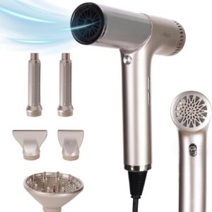 Professional, Ionic Hair Dryer with Diffuser - (5 Attachments for Wavy, Straight & Curly Looks) – Rapid Drying, Frizz Control, Low Noise, & 70% Lighter Than Traditional Hair Dryers