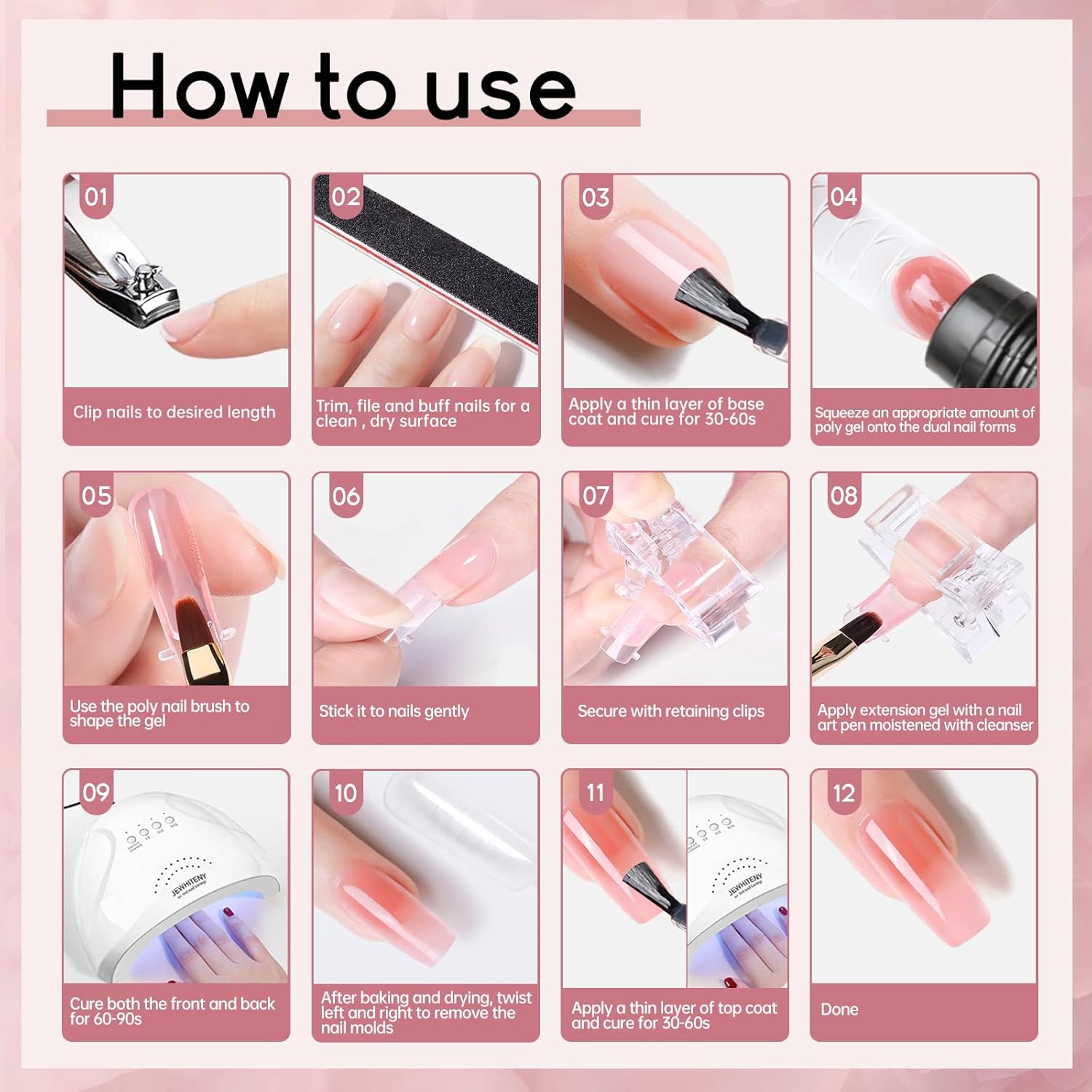 JEWHITENY 14 Colors Poly Extension Gel Nail Kit With U V Lamp Nude Pink White Brown All In One Poly Gel Starter Kit With Base Top Coat Manicure Salon Frence Nail Art DIY - Image 7