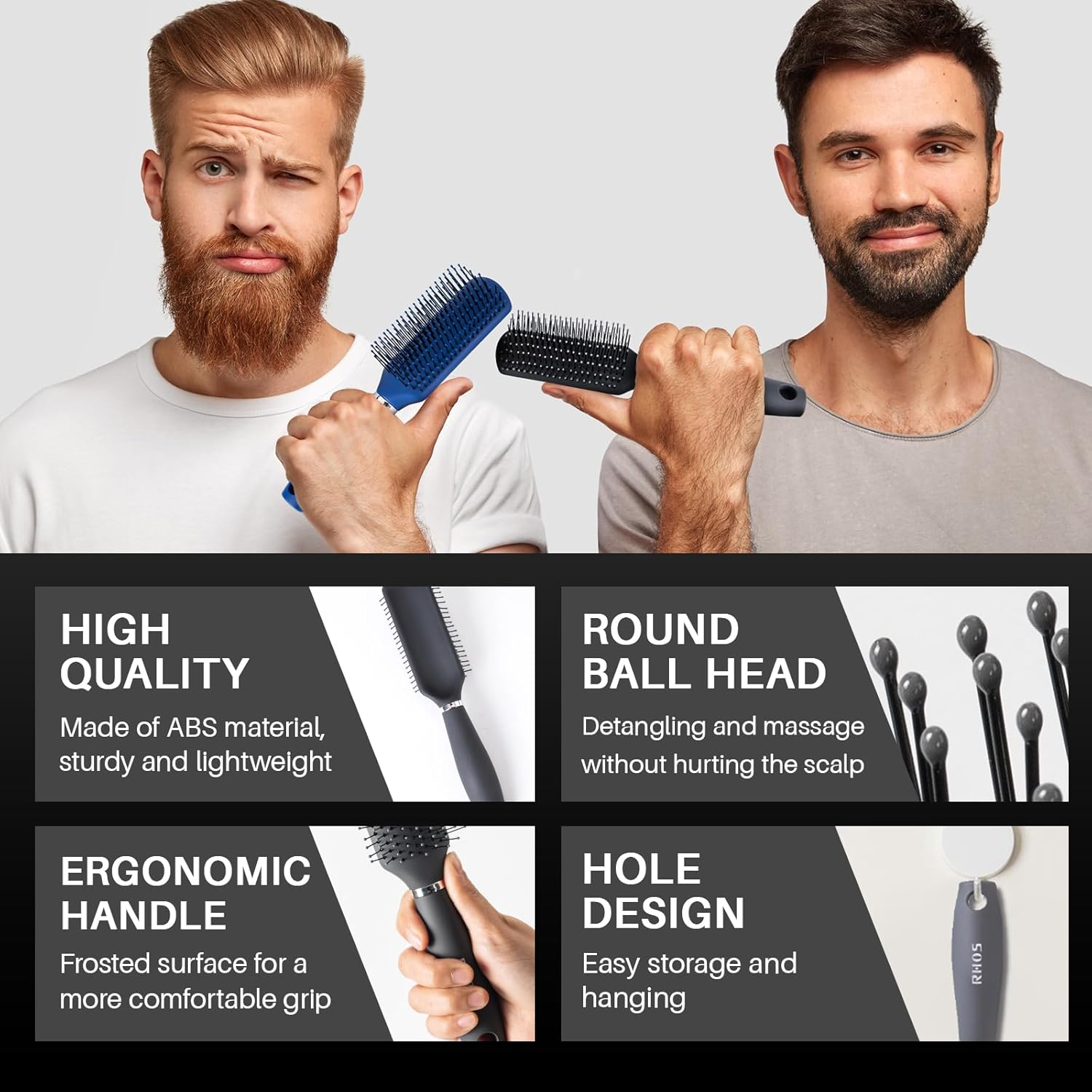 RHOS Hair Brush for Men - Detangler Hair Brush for Styling/Massage - Nylon Bristles for Wet & Dry Hair, Bangs, Thin, Short Hair - Gray - Image 4