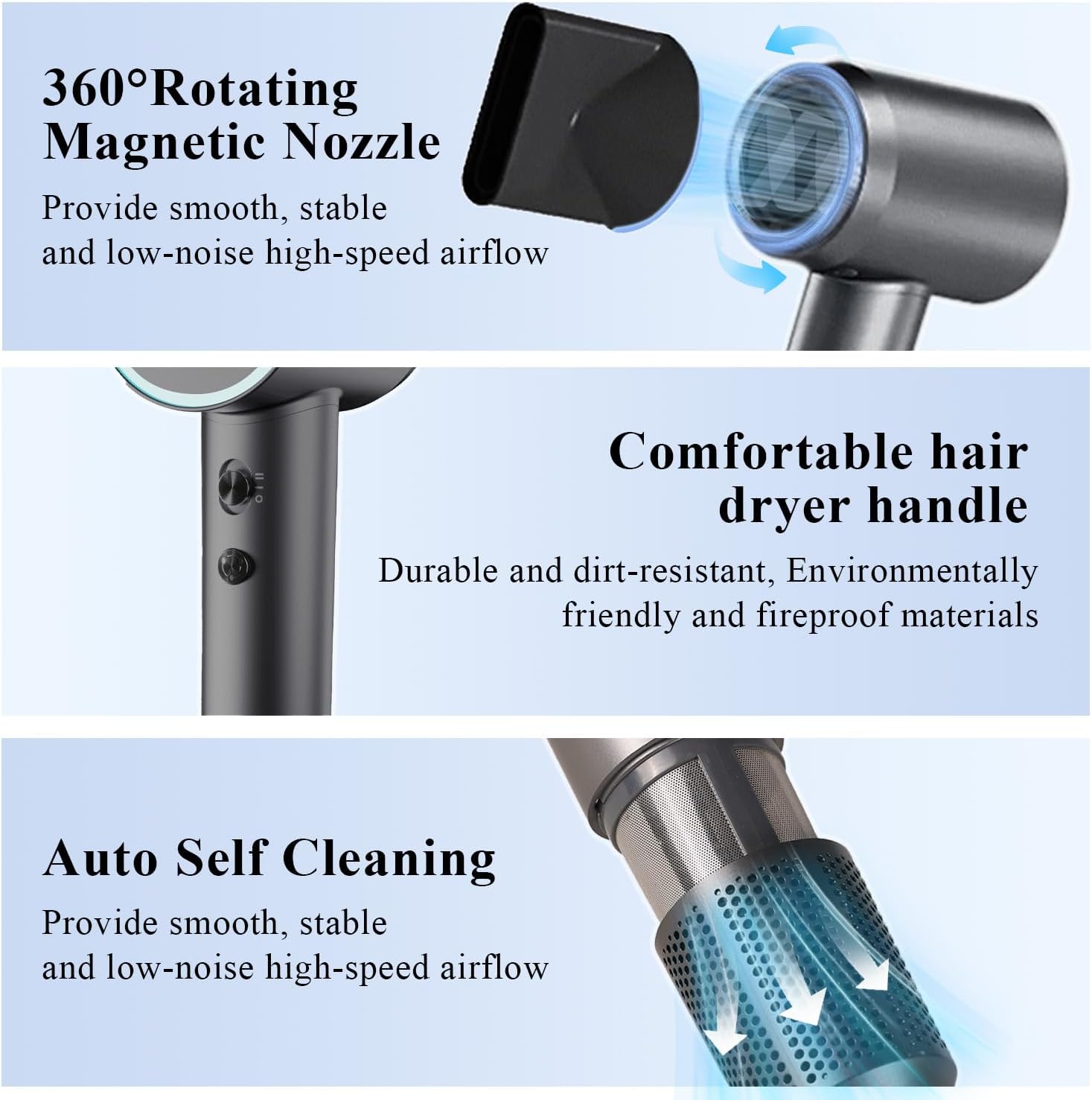 Ionic Hair Dryer for Women & Men,Powerful 1500W Blow Dryer with Nozzle, 3 Speeds and 5 Temps,Thermo-Control Quiet Compact Hair Dryers for Curly Hair for Home Travel Salon Black - Image 5
