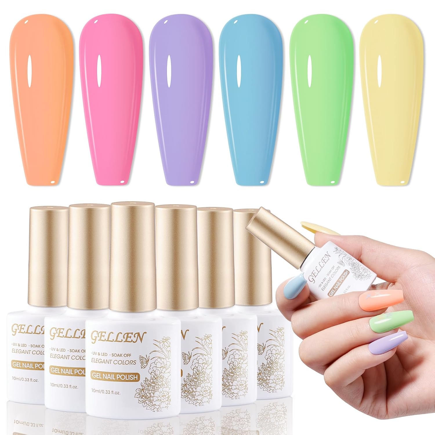 Gellen Pastel Gel Nail Polish, Spring Summer Gel Polish Macaron Colors Nude Pink Purple Blue Green Yellow, No Wipe Soak Off Long Lasting UV Light Gel for Women Girls Manicure Salon Home, 10ml