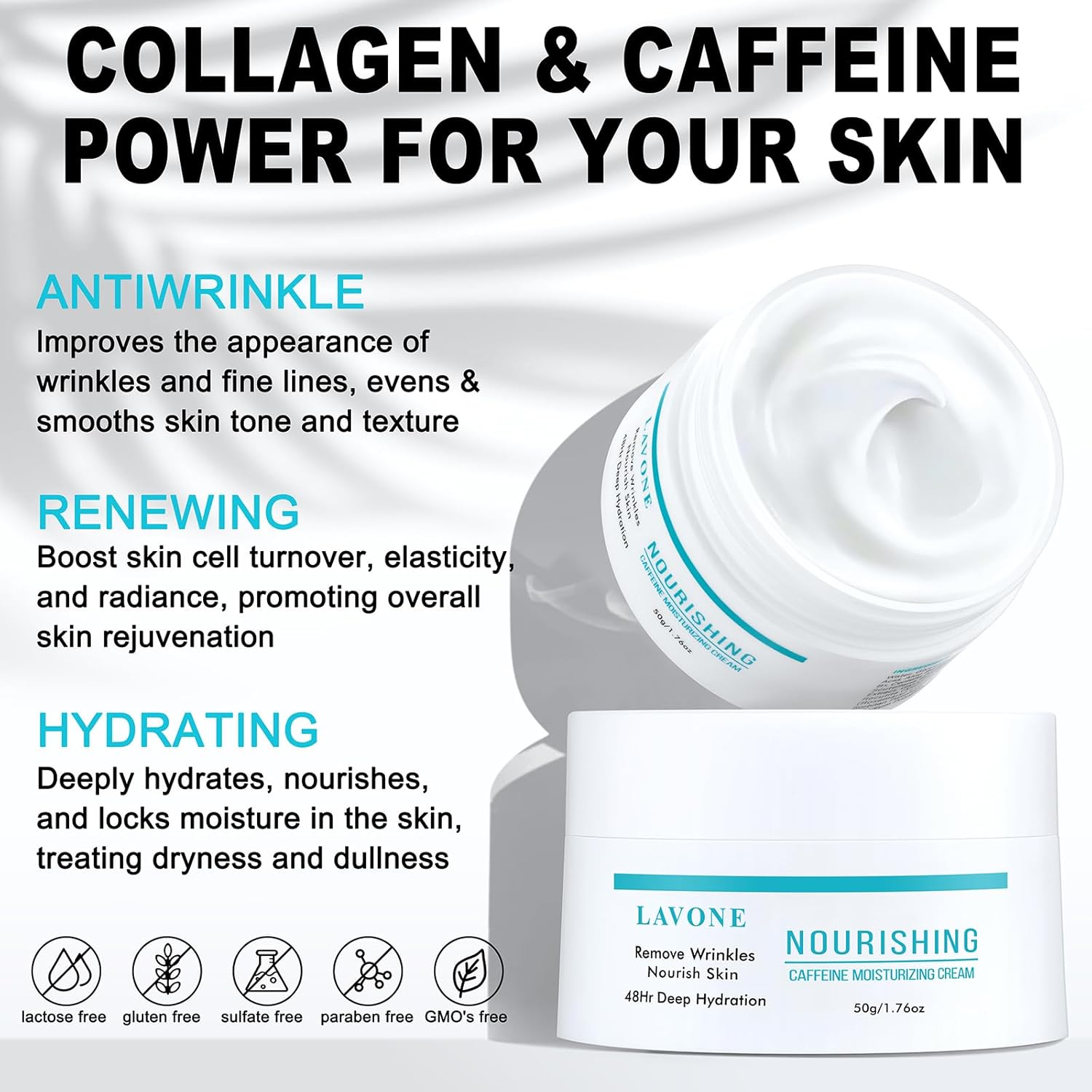 LAVONE Caffeine Hyaluronic Acid Vitamin E Face Moisturizer Cream 50ml All Skin Types - Image 4