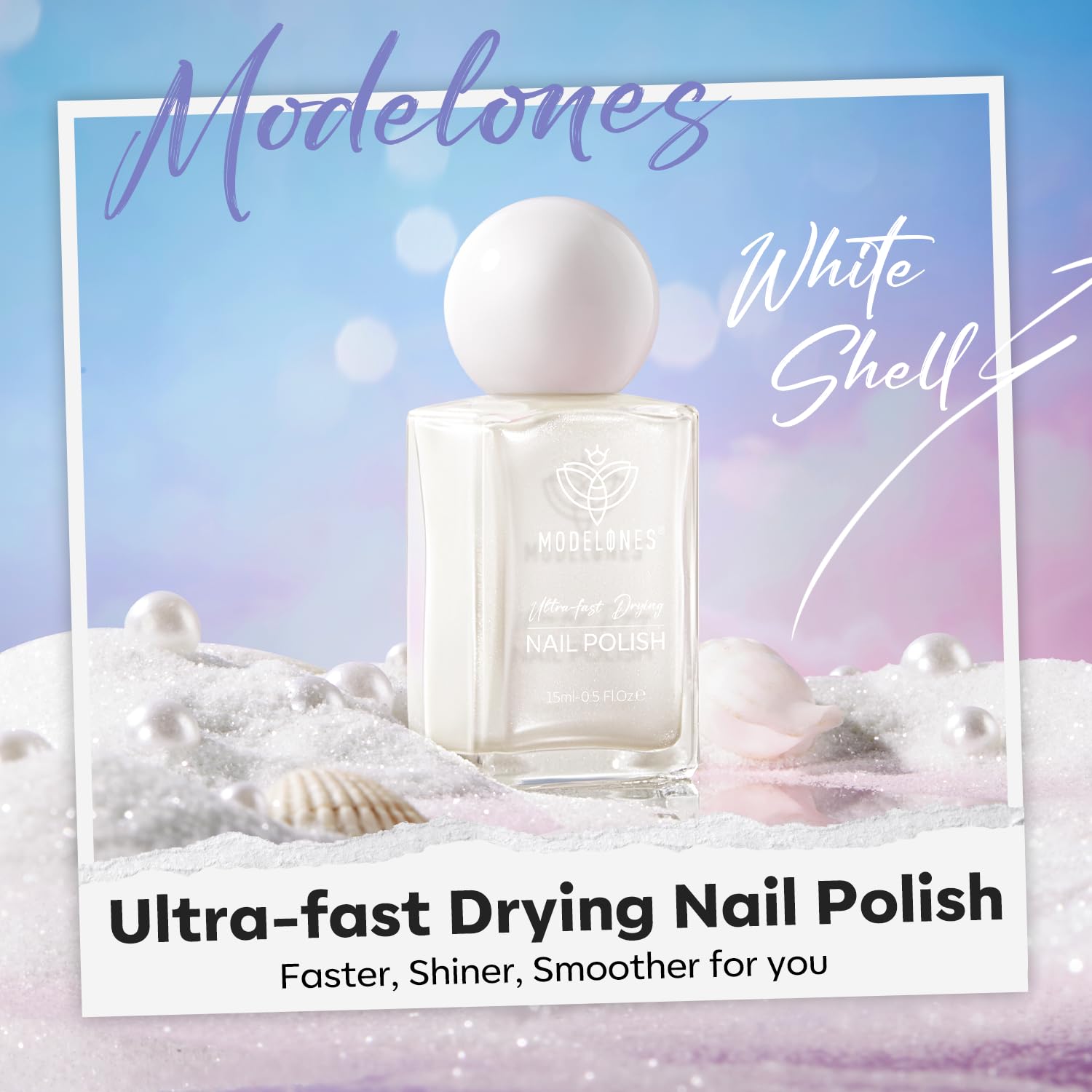 modelones Pearl White Nail Polish, Shimmer Glitter White 15 ml Quick Dry Nail Lacquer Strengthener Long Last Shine Fingernail Toe Nail Art DIY Home Travel Manicure Gift for Women Girls 0.5 Fl Oz - Image 2