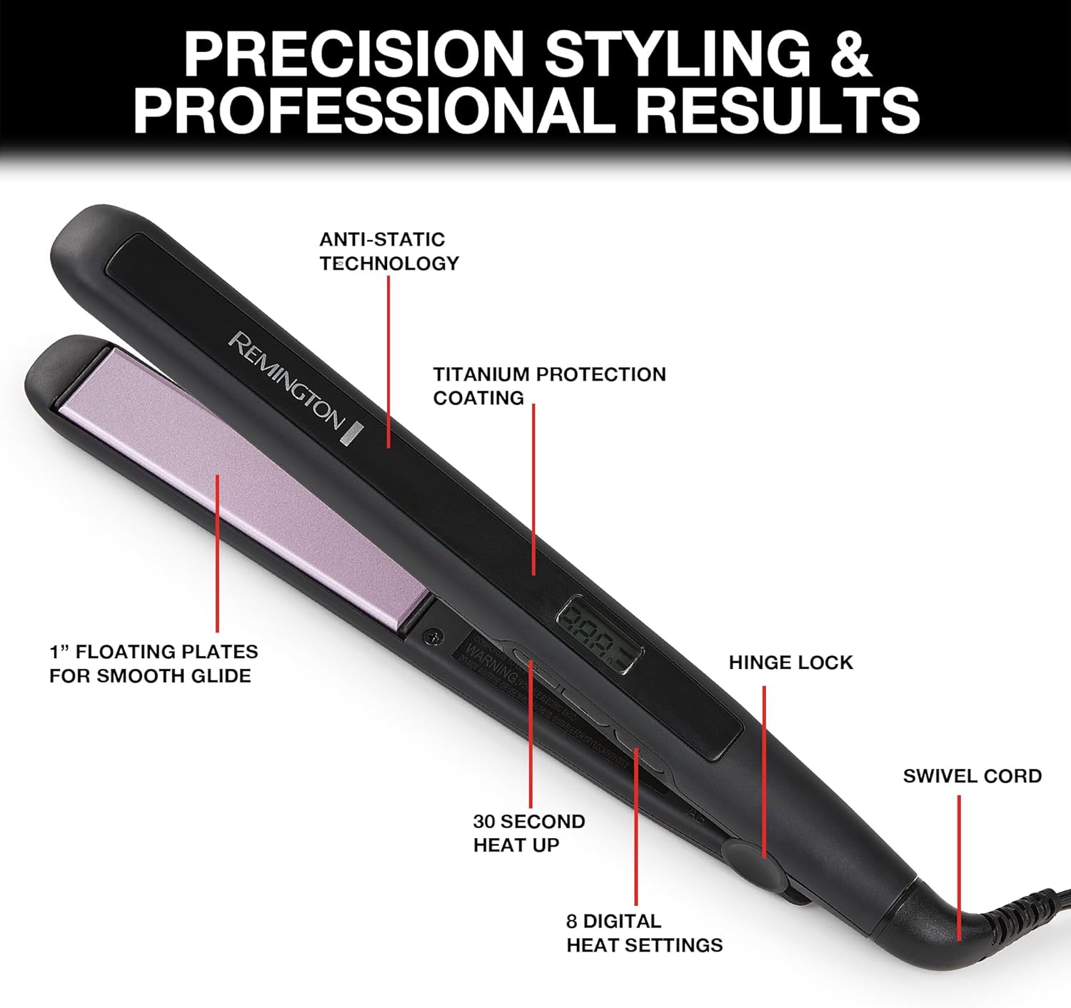 Remington 1" Flat Iron, Hair Straightener with Anti-Static Technology, Rapid 30-Second Heat-Up, 60-Minute Auto Shut-Off, 30% Longer Ceramic Floating Plates, and Titanium-Ceramic Coating - Image 3