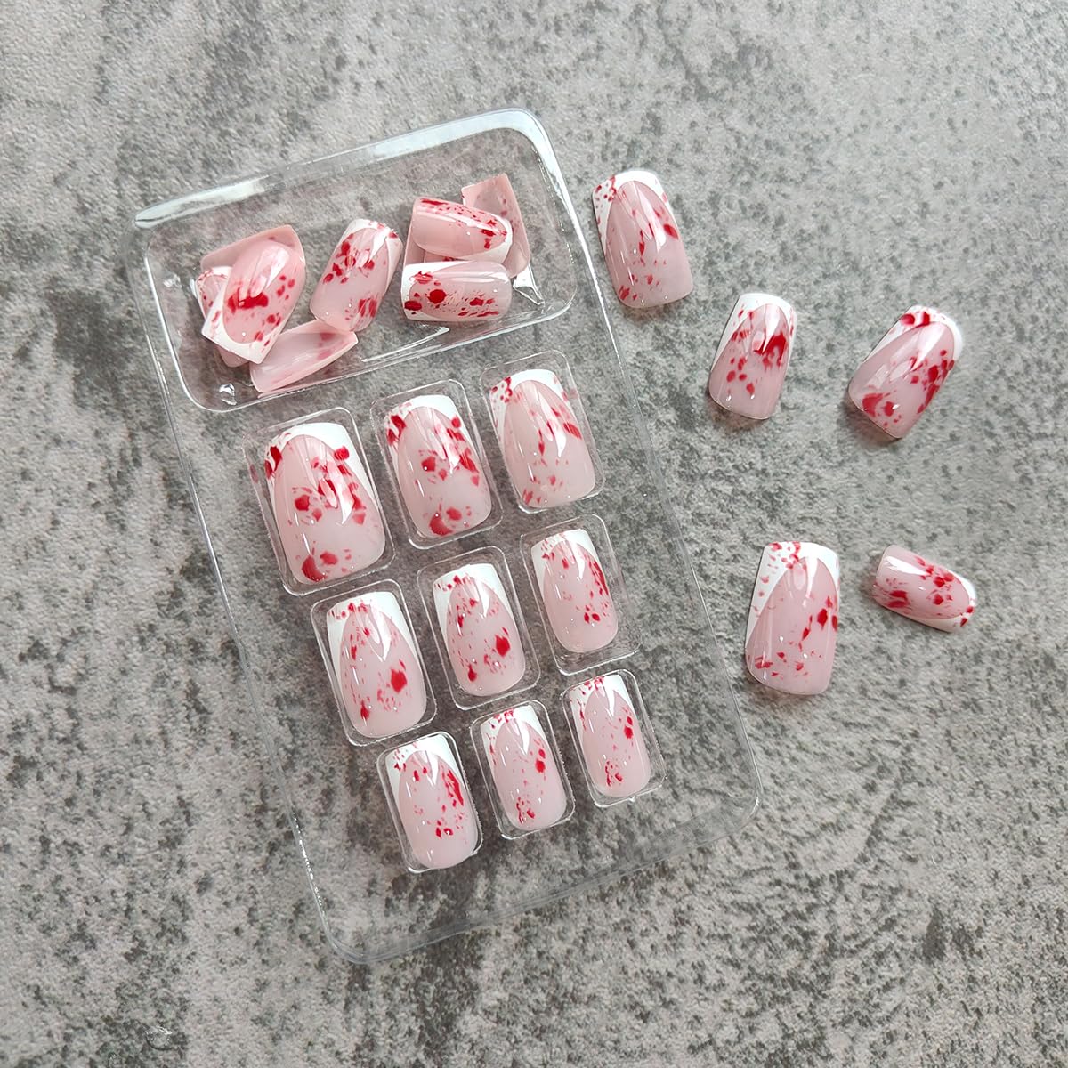 24pcs Horror Gothic Press on Nails - Short Square, French Tip, Full Cover, Glue on Nails - Bleeding Acrylic Designs for Halloween - Image 3