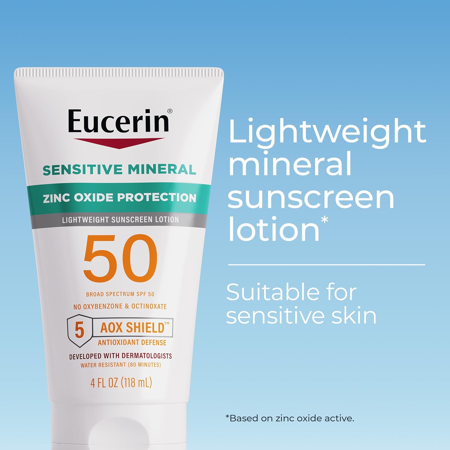 Eucerin Sun Sensitive Mineral Sunscreen Lotion SPF 50 with Zinc Oxide Protection, Hypoallergenic Sunscreen for Sensitive Skin, Oxybenzone and Octinoxate Free, 4 Fl Oz Tube - Image 2