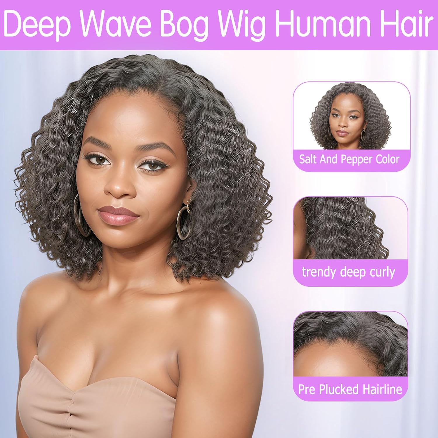 Salt and Pepper Grey Wigs Human Hair Bob Wig 13x4 Deep Curly Lace Front Wigs Human Hair Pre Plucked Natural Hairline Gray Human Hair Wig HD Transparent Curly Short Bob Wigs for Women 12 Inch - Image 3
