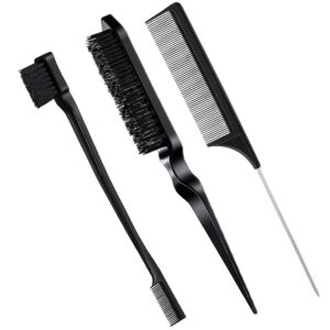 Geiserailie 3 Pcs Slick Back Hair Brush Set Bristle Brush Edge Control Teasing Comb for Women Black Hair(Black)