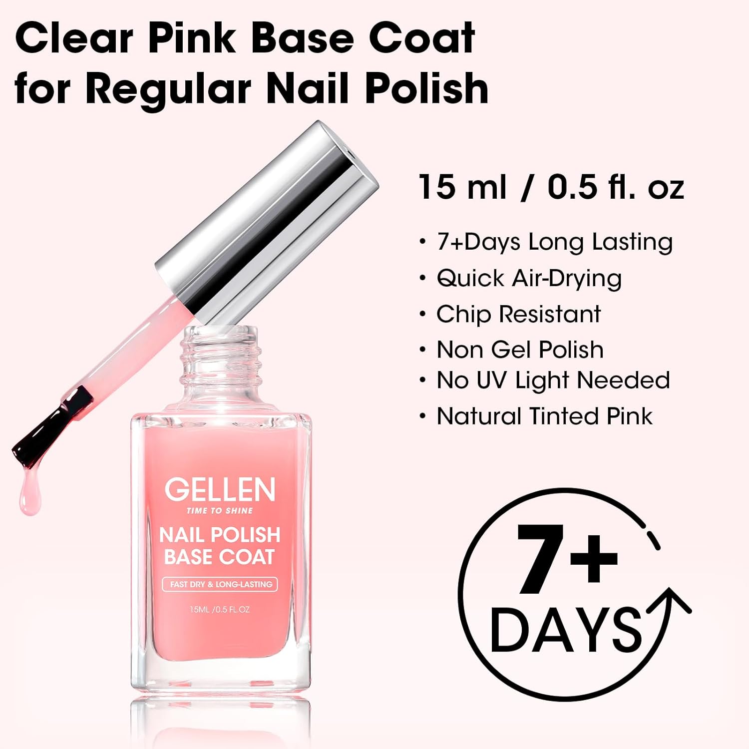 GELLEN Clear Nail Polish Base Coat, Sheer Tinted Pink Base Coat for Strengthening Thin Damaged Uneven Natural Nails, Quick Air Dry Pale Pink Regular Nail Polish Non UV Gel, Hema Free, Non-toxic - Image 2