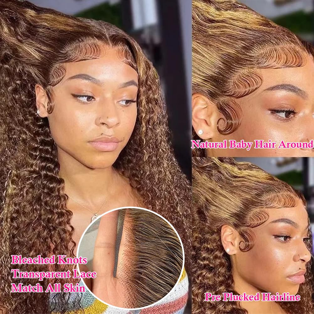 Pizazz 4/27 Highlight Lace Front Wigs Human Hair Pre Plucked Bleached Knots 12A 180 Density 13x4 HD Ombre Honey Blonde Deep Wave Human Hair Wigs with Baby Hair(26 Inch, Brown mix gloden color) - Image 3