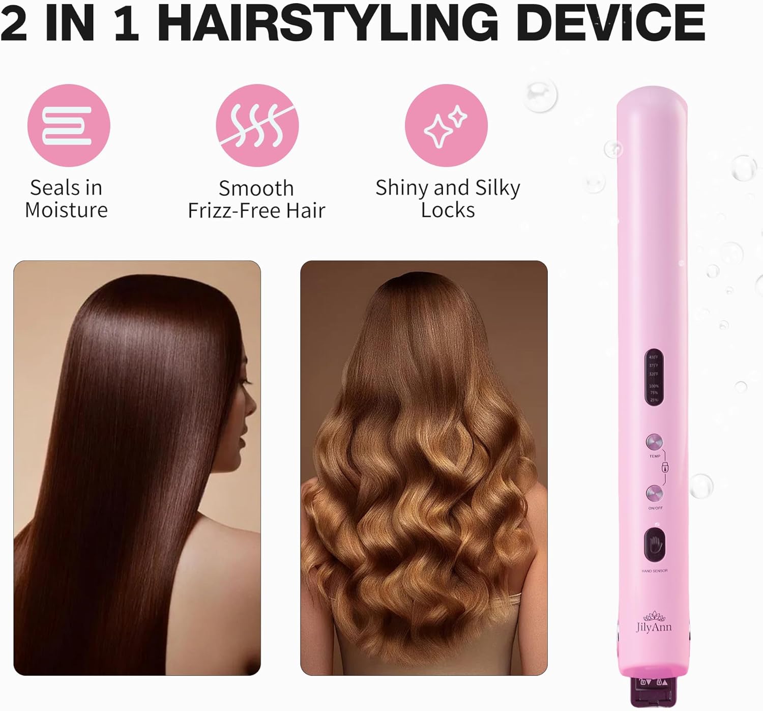 Cordless Hair Straightener & Curler 2-in-1 | Ceramic Flat Iron, Dual Voltage 9000mAh Battery | Reduces Frizz for Shinier, Smoother Hair | 3 Temp 350°F/375°F/430°F | USB-C Rechargeable - Image 2