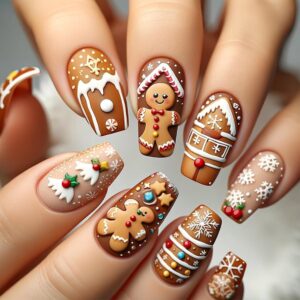 Cartoon Christmas Gingerbread Press on Nails Snowflake Fake Nails 24Pcs Medium Square Glossy Brown Room Acrylic False Nails Xmas Snowing Gel Glue on Nails Cherry Stick on Nails for New Years Gift