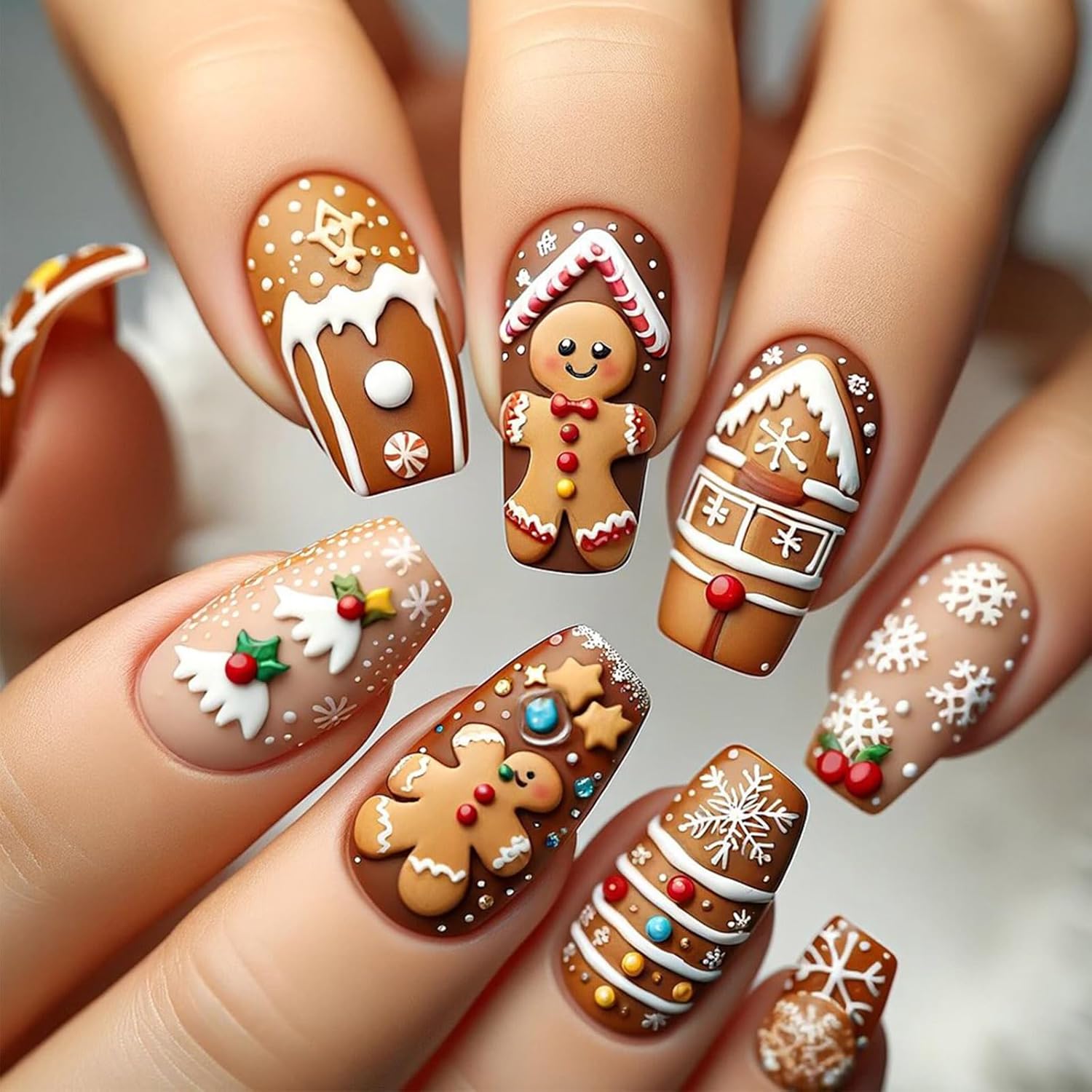 Cartoon Christmas Gingerbread Press on Nails Snowflake Fake Nails 24Pcs Medium Square Glossy Brown Room Acrylic False Nails Xmas Snowing Gel Glue on Nails Cherry Stick on Nails for New Years Gift