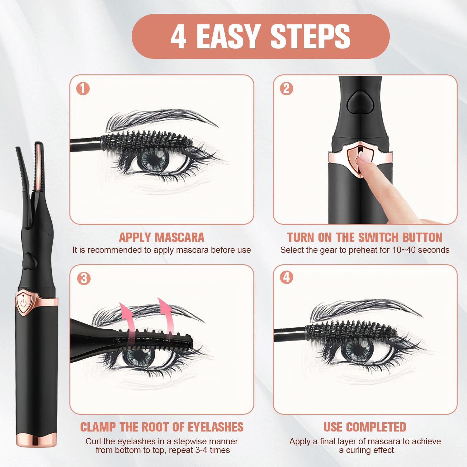 Heated Eyelash Curler, 2 in 1 Clip-Type Design, USB Rechargeable Electric Eyelash Curler, 3 Heat Modes, Natural Curling 24 Hours Long Lasting, Beauty Tools for Women (Black) - Image 6