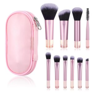 10 Pcs Travel Makeup Brush Set Pink Mini Makeup Brushes Travel Size With Pack Portable Small Eyeshadow Eye Lipstick Foundation Brush Shadow Contour Blush Concealer
