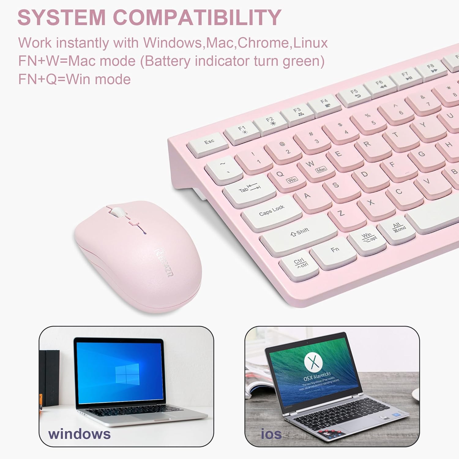 Wireless Keyboard and Mouse Combo, Reccazr 2.4G Full-Sized Keyboard and Mouse Cordless, 3 DPI Adjustable Mouse, Dual-System Keyboard for Computer/Laptop/Windows/Mac (Pink & White) - Image 3
