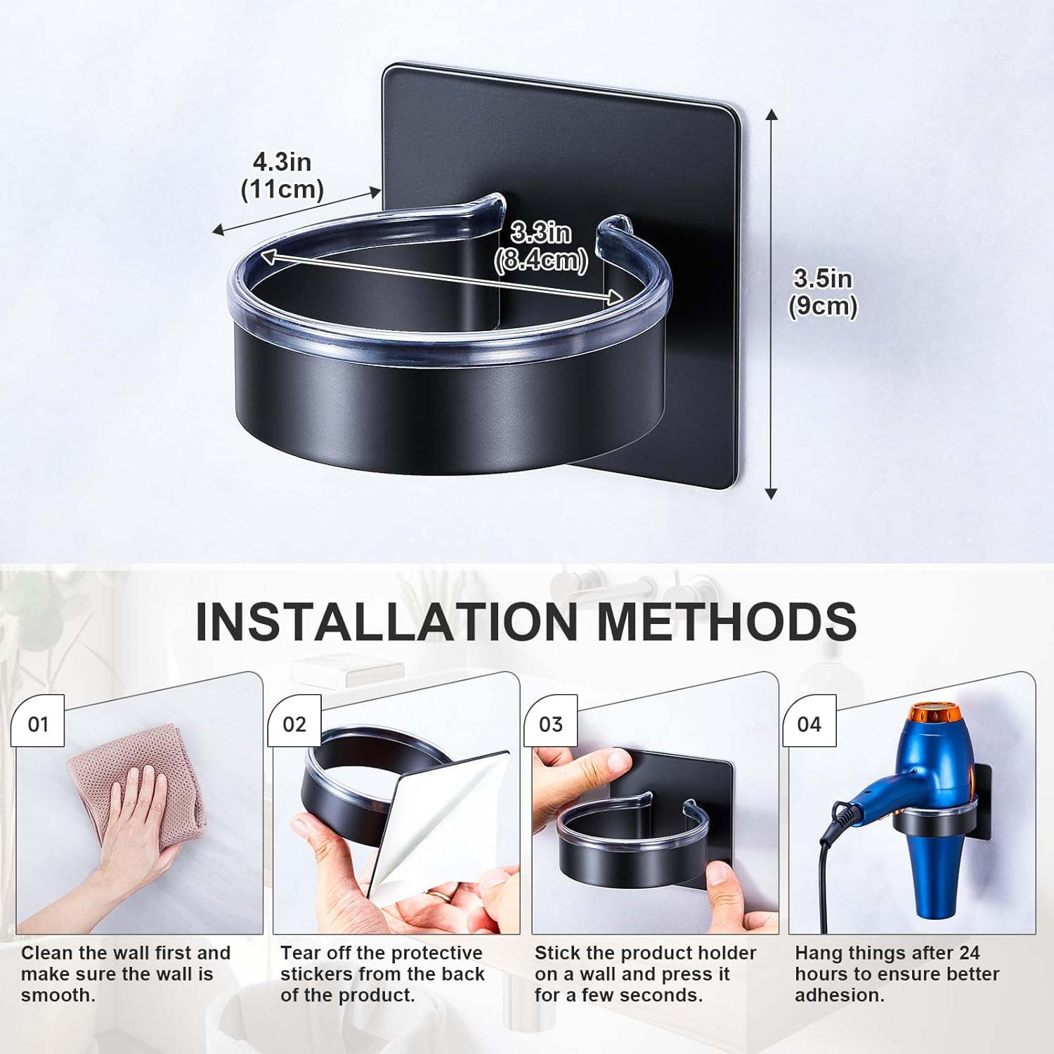 Hair Dryer Holder Wall Mount, Stainless Steel Blow Dryer Holder Wall, Adhesive Black Hair Dryer Hanger, Blow Dryer Organizer, Hair Tools Organizer Storage for Bathroom Salon Barber Shop Hotel - Image 9