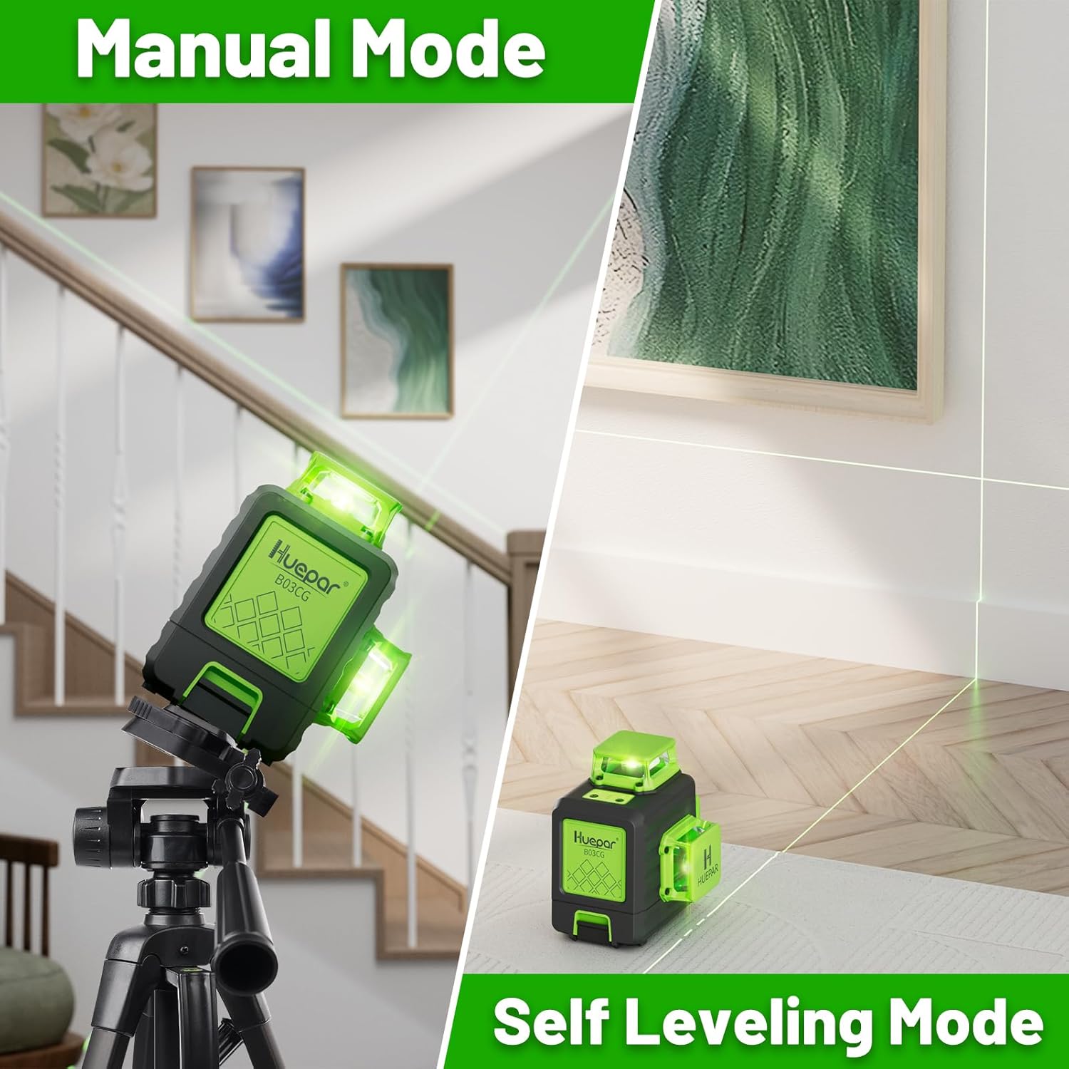 Laser Level 360 Self Leveling with 47" Tripod, Huepar 3x360° High Brightness Green Laser Leveler Tool for Construction, Tile and Picture Hanging, 5200 mAh Li-ion Battery & 2 Portable Bag Included - Image 2