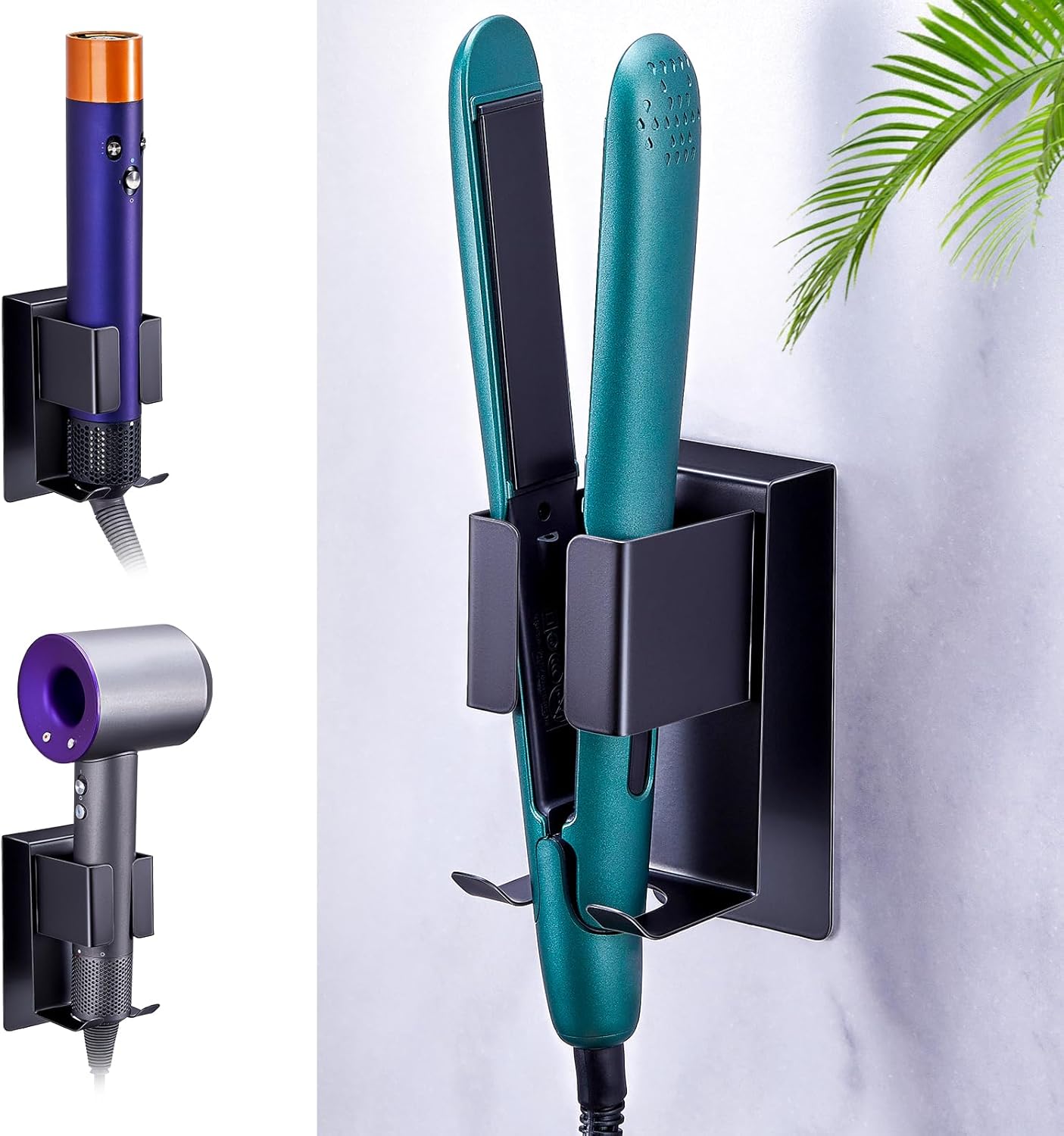 Hair Straightener Holder Wall Mounted Blow Dryer Holder, Stainless Steel Blow Dryer and Curling Iron Holder, Black Hair Dryer and Straightener Holder, Bathroom Hair Tools Organizer and Storage