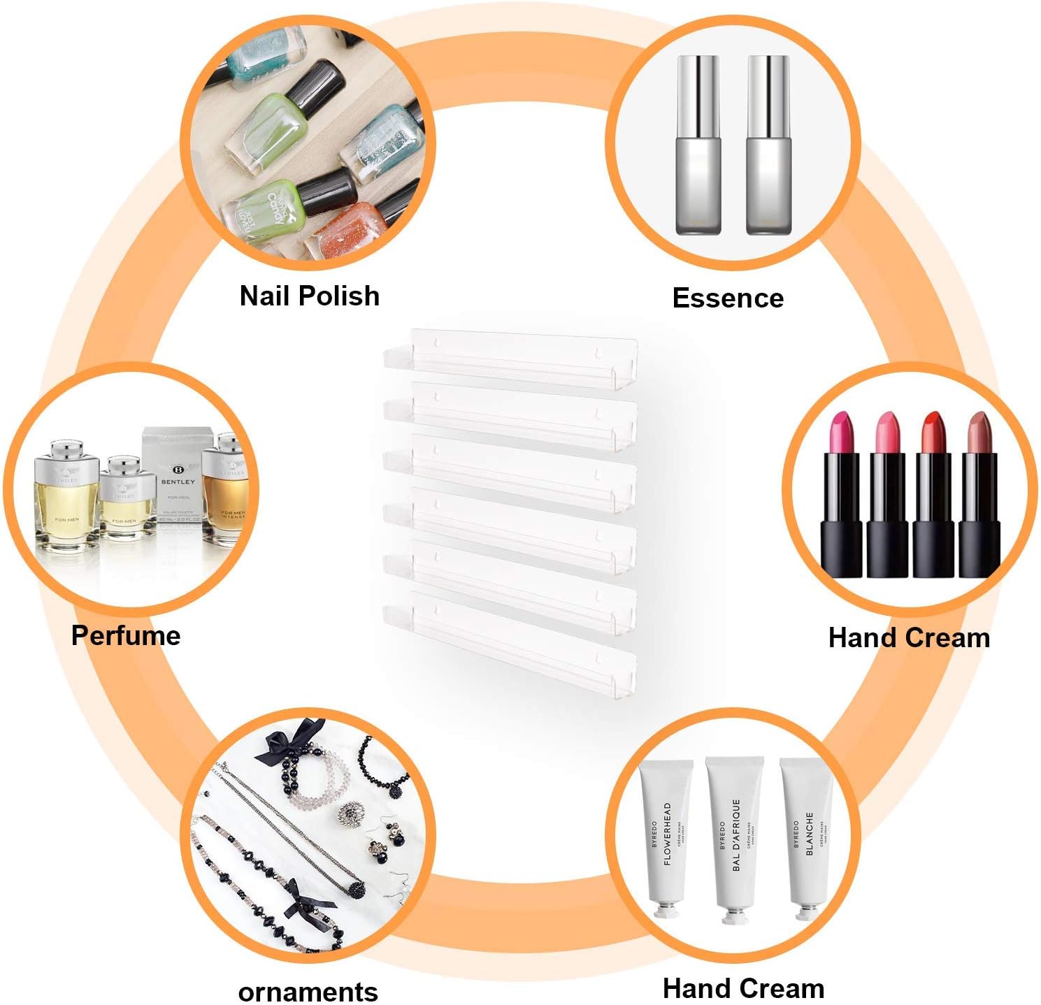 Acrylic Shelves Nail Polish Wall Mounted Holder Paint Organizer Storage Rack Clear 6 Pack Hanging Nail Polish Shelf Floating Wall Mount Hold up to 96 Bottles. - Image 3