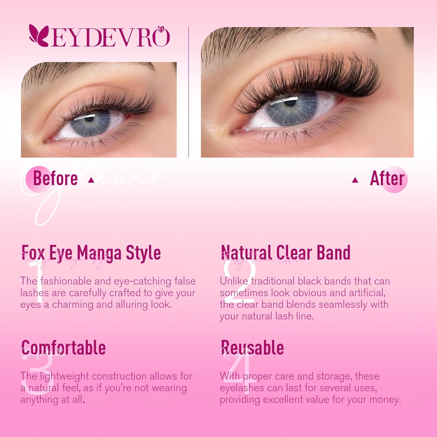 EYDEVRO False Eyelashes Wispy Lashes D Curl Cat Eye Lashes Clear Band Manga Lashes Natural Look Fox Eye Fake Lashes Fluffy Faux Mink Strip Lashes 7 Pairs Pack - Image 3